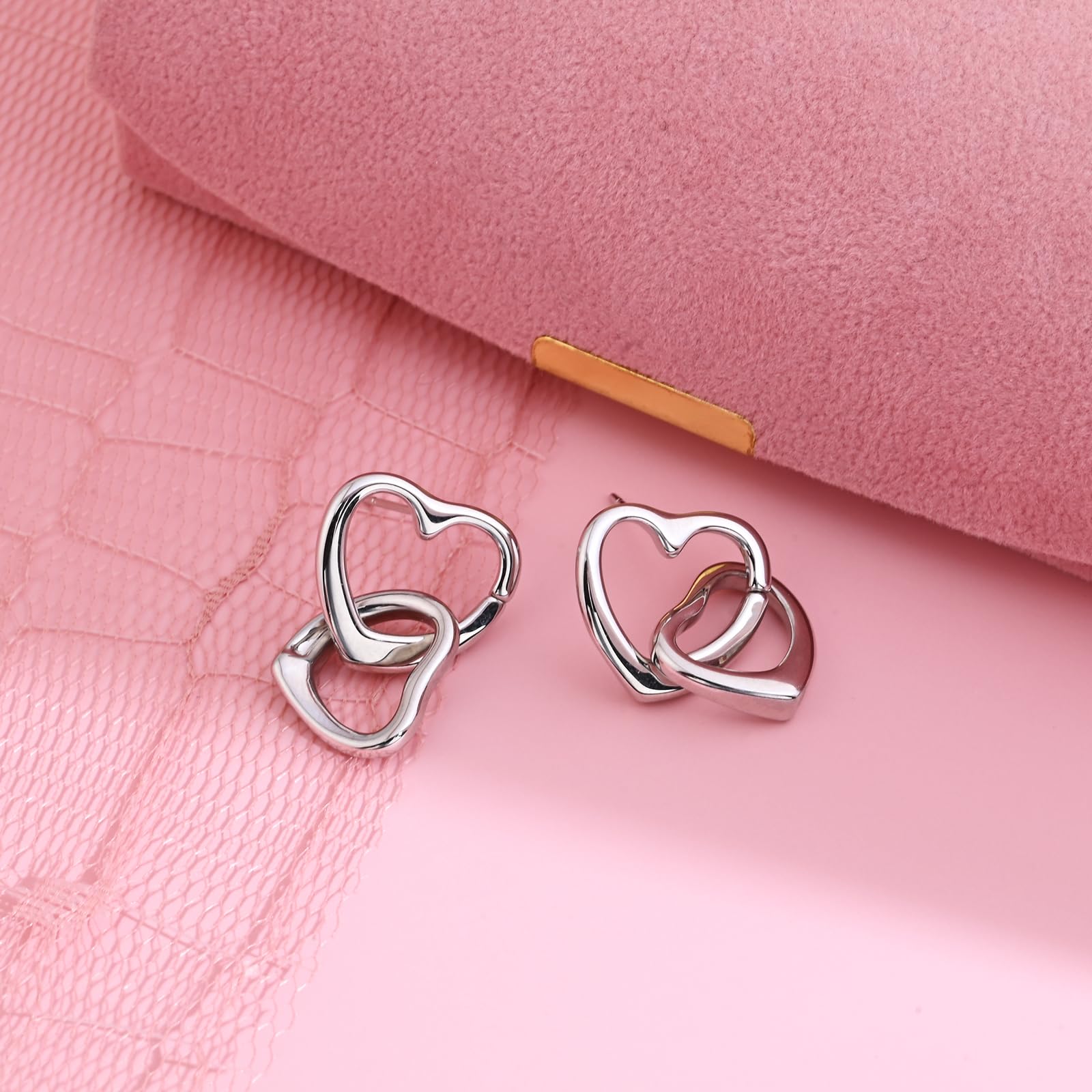 Double Heart Stud Earrings Silver Heart Dangle Earrings 925 Sterling Silver Earrings for Women Girls Handmade Heart Drop Earrings