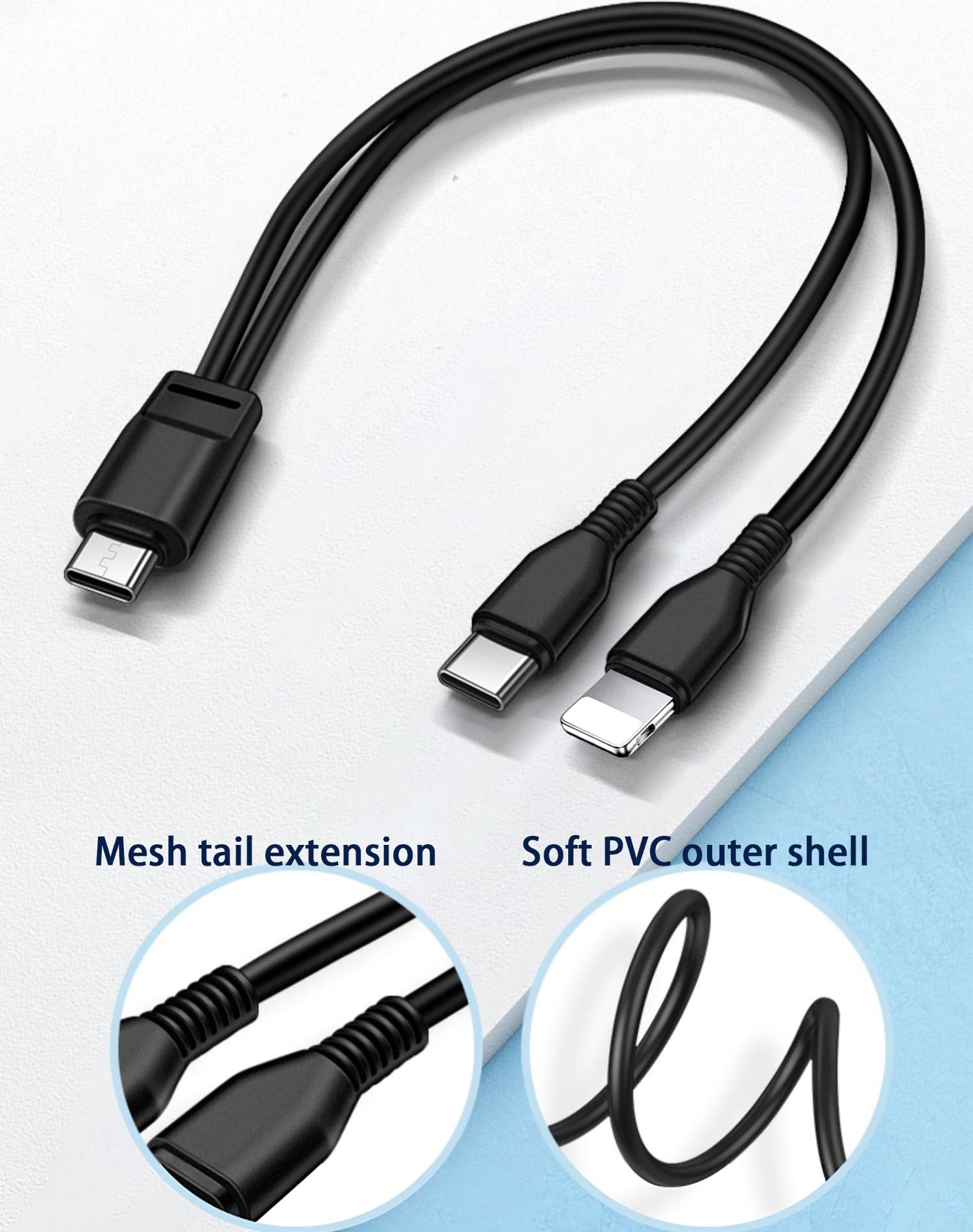 3.3FT Multi Type C Splitter Cable,2 in 1 Multi Charging Cable,USB C to USB C + Lightnning Port Compatible with iPhone 15/14/13,iPad Pro/Air,Samsung S24 S23,Moto,Black(Only Charging)