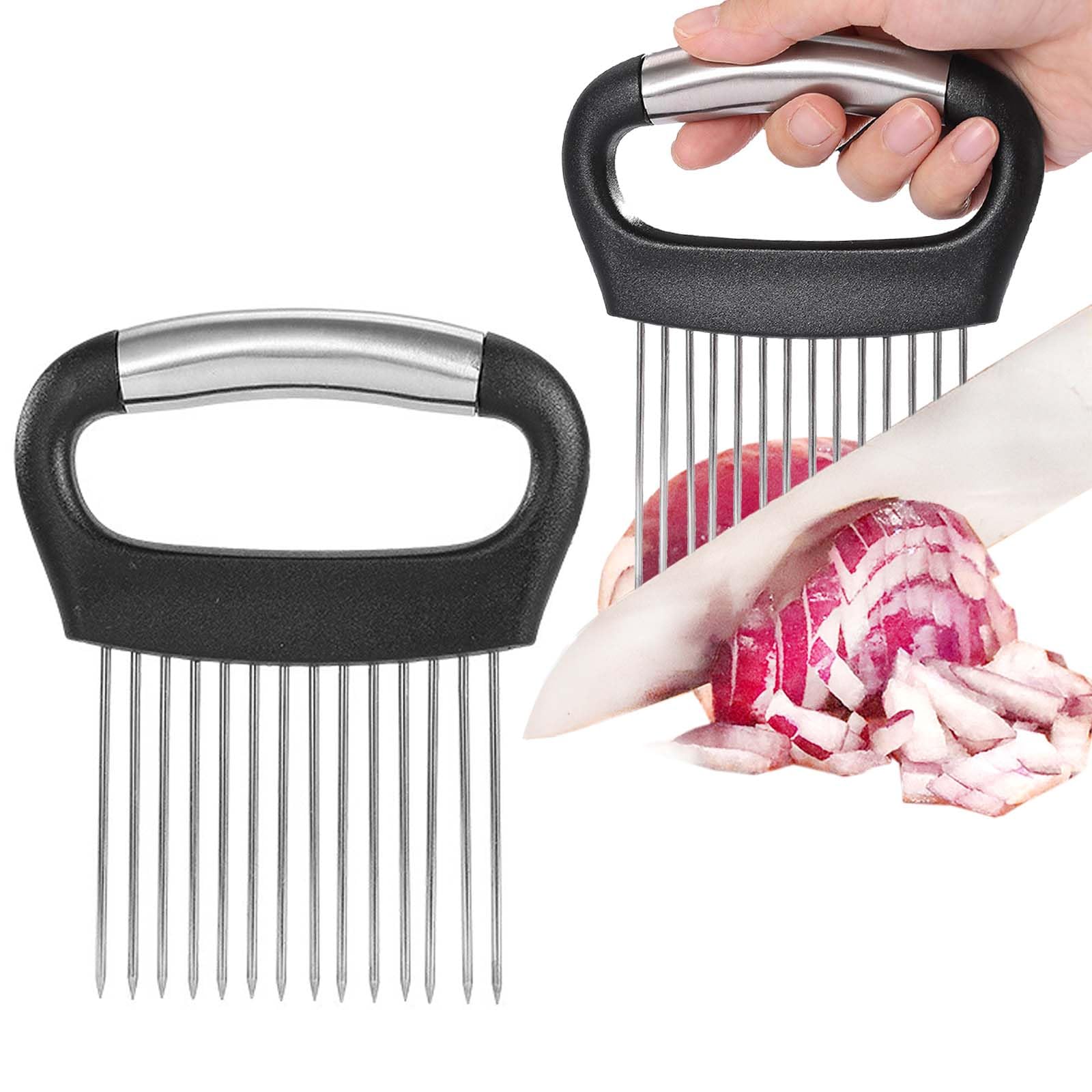 JAYVAR Large Onion Holder for Slicing, Large Onion Cutter Vegetable Chopper, Stainless Steel Tomato Slicer for Potato Lemon, Practical Meat Tenderizer Tool, Kitchen Food Slicer Guide for Neat Slicing