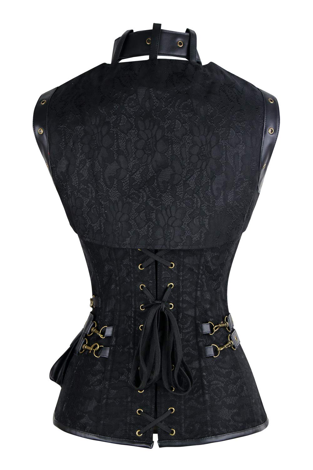 Charmian Women's Retro Goth Spiral Steel Boned Brocade Steampunk Bustiers Corset with Jacket and Belt Black X-Large