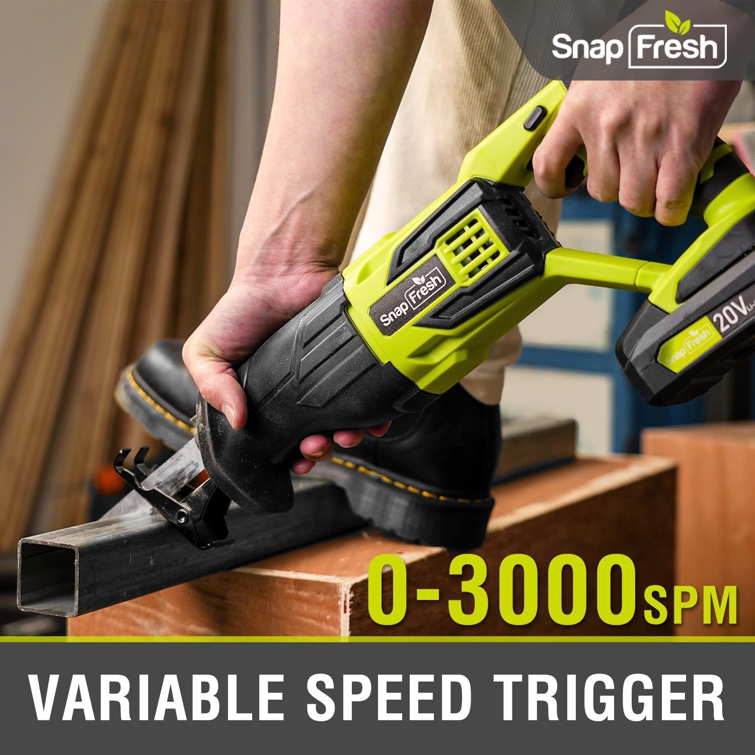SnapFresh 20V Cordless Reciprocating Saw –3000 SPM, Variable Speed Trigger, Tool-Free Blade Change, LED Light, Lightweight & Compact for Wood, Metal, Plastic, 2.0Ah Battery & Fast Charger Included