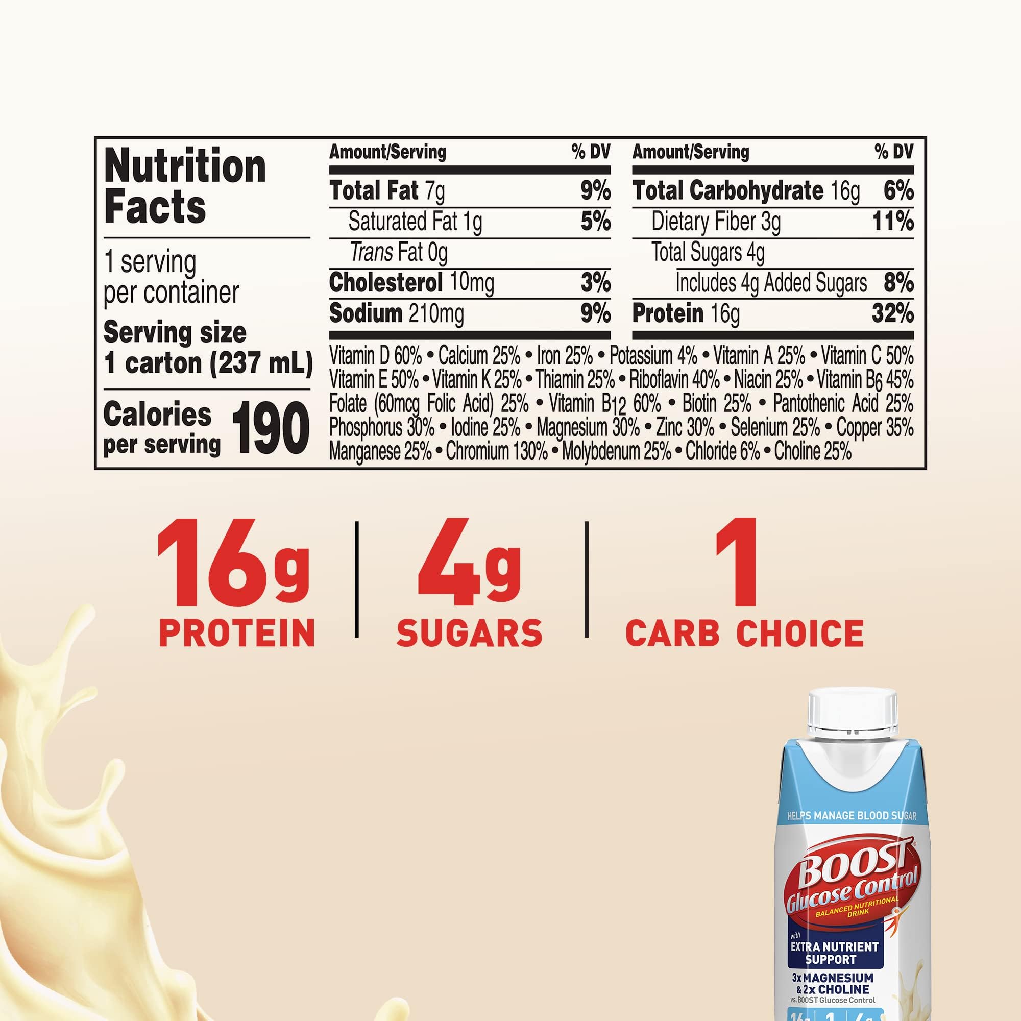 Boost Nutritional Drinks Glucose Control with Extra Nutrient Support Drink, Very Vanilla, Carton, 8 Fl Oz, Pack of 24