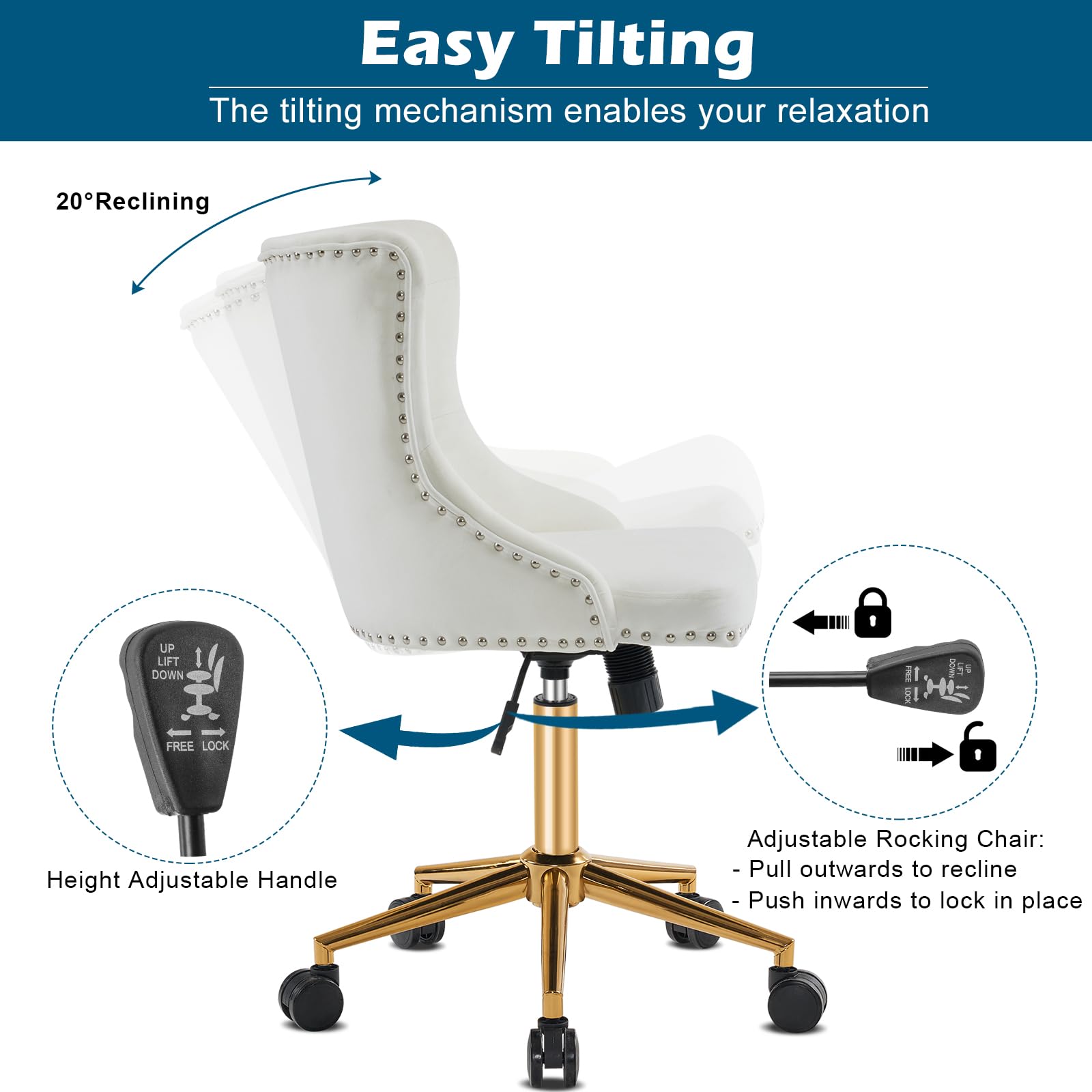 VINGLI White Velvet Armless Home Office Desk Chair with Gold Base/Wheels, Small Cute Vanity/Makeup Chair with Back for Bedroom, Upholstered Adjustable Rolling Swivel Nail Chair for Women/Girls