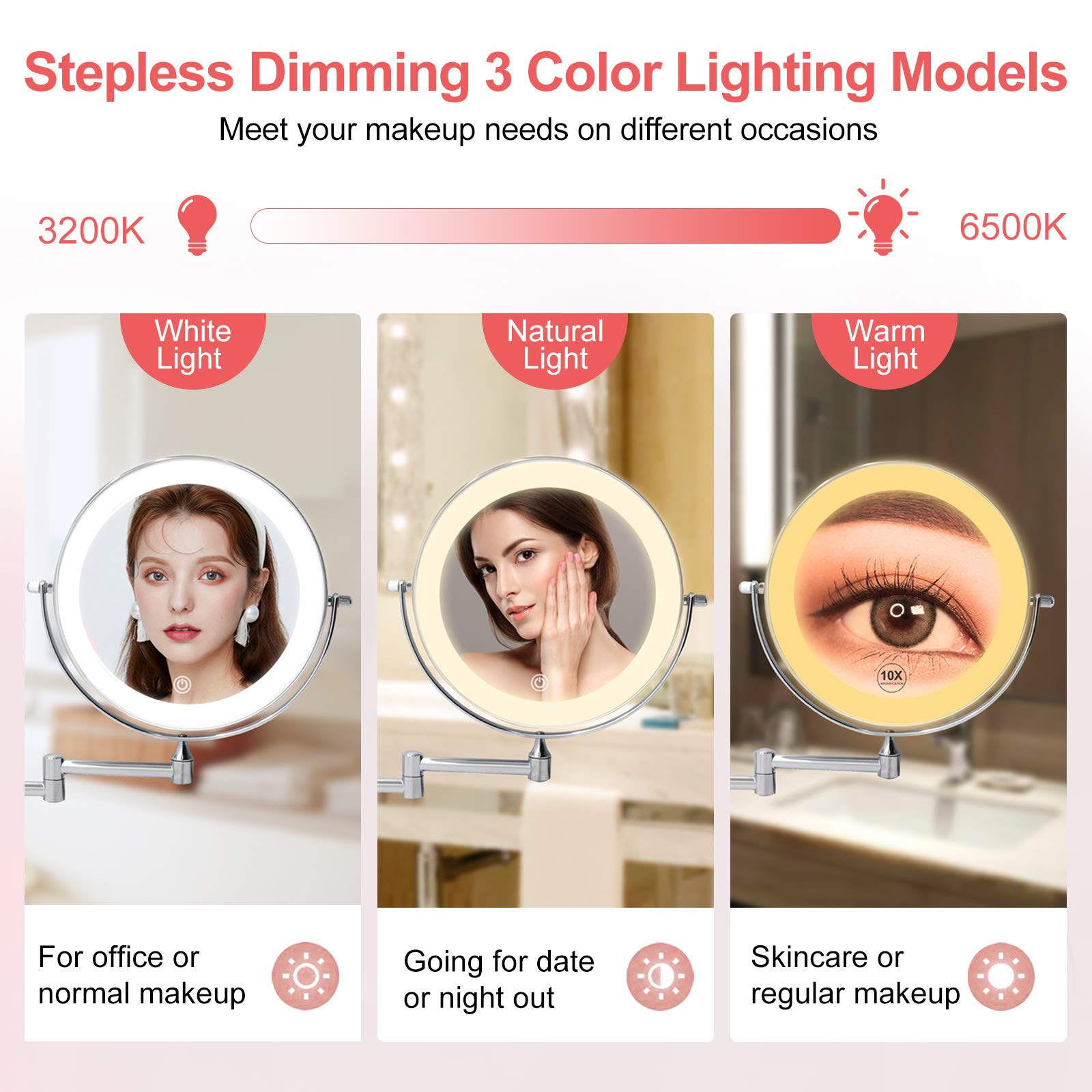 Rechargeable Wall Mounted Lighted Makeup Vanity Mirror 8 Inch Double Sided 1X 10X Magnifying Bathroom Mirror, 3 Color Lighting, Touch Screen Dimming, Extended Arm 360 Rotation Shaving Light up Mirror