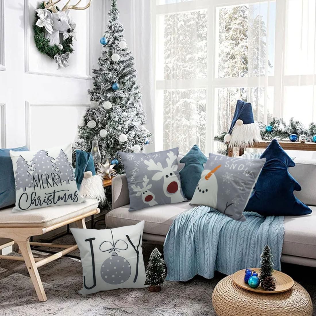 PSDWETS Christmas Pillow Covers 18x18 Set of 4 Christmas Decorations Snowman Deer Christmas Tree Winter Holiday Decor Throw Cushion Case for Home Couch