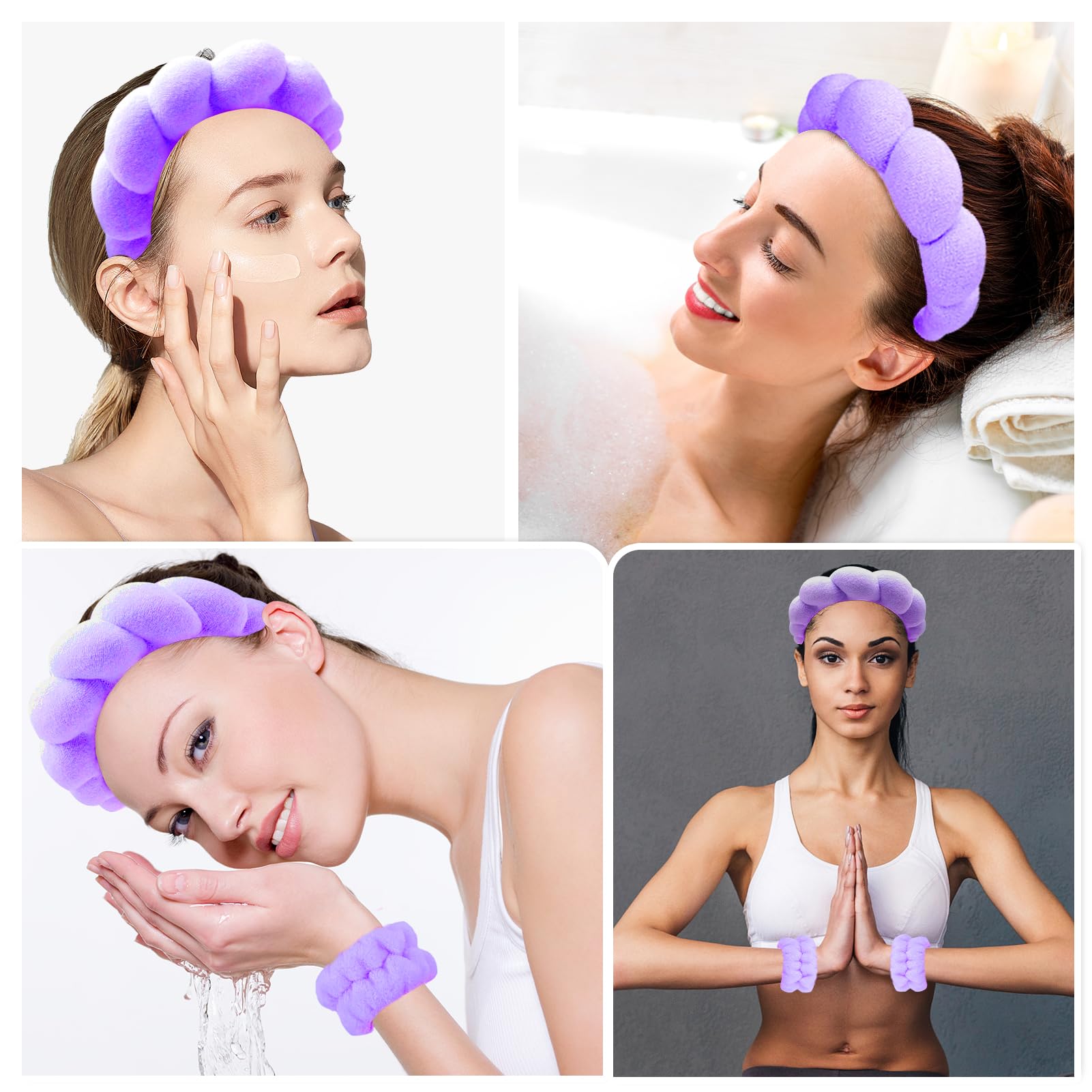 Zkptops Spa Headband for Washing Face Wristband Set Sponge Makeup Skincare Headband Terry Cloth Bubble Soft Get Ready Hairband Women Girl Puffy Padded Headwear Non Slip Thick Hair Accessory(Violet)