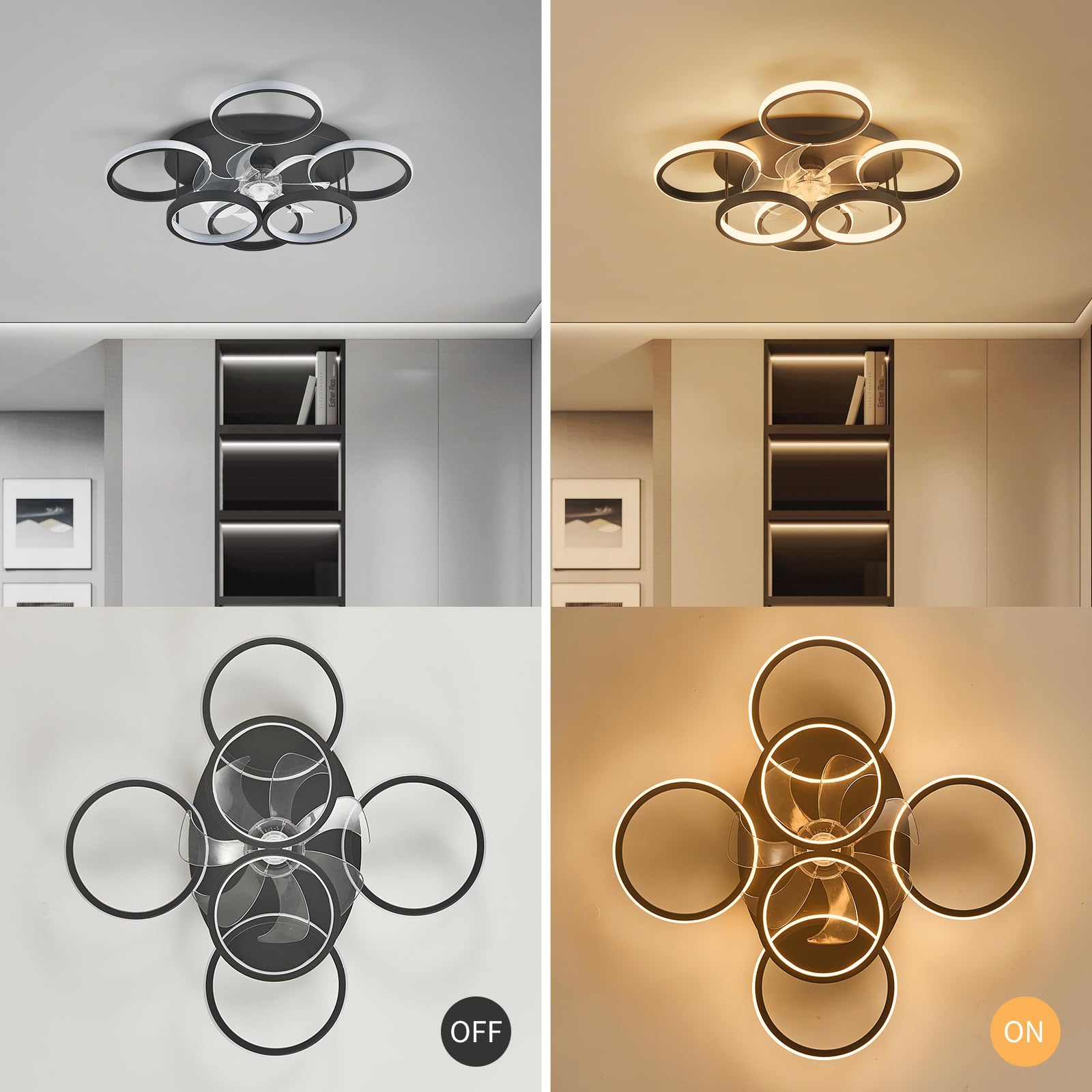 Anyeark Low Profile Ceiling Fan with Light Modern, Bedroom Ceiling Smart Fan with LED, Fandelier Ceiling Fan Flush Mount 25.6-inch, 3000K-6500K Stepless Color Change, Assembly Required (Black)