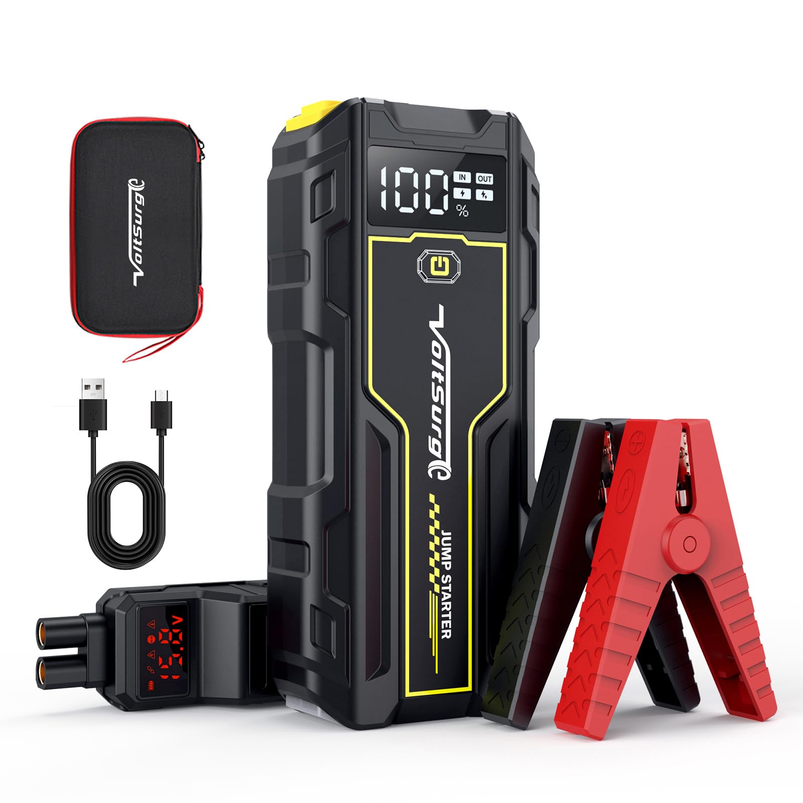 Volt Surge Booster Battery 6000A Jump Starter Portable (Up to 8L Diesel or All Gas) Car Starting with 12V LED Lamp with Intelligent Safety Clips Type-C Cable with Large LCD Screen