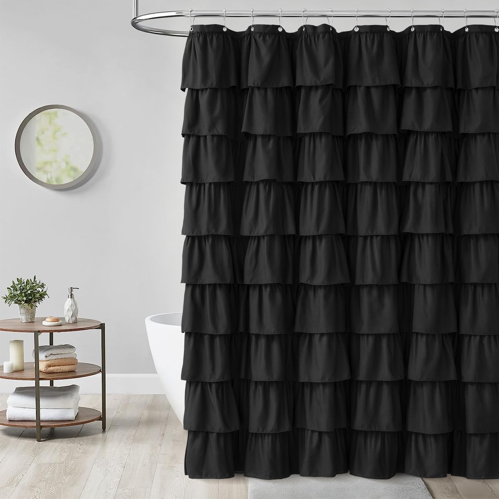 Seasonwood Black Ruffled Shower Curtain 72x72 Inch Farmhouse Bathroom Decor with Nature Buttons, Shabby Chic & French Country Style Fabric Curtain for Bath