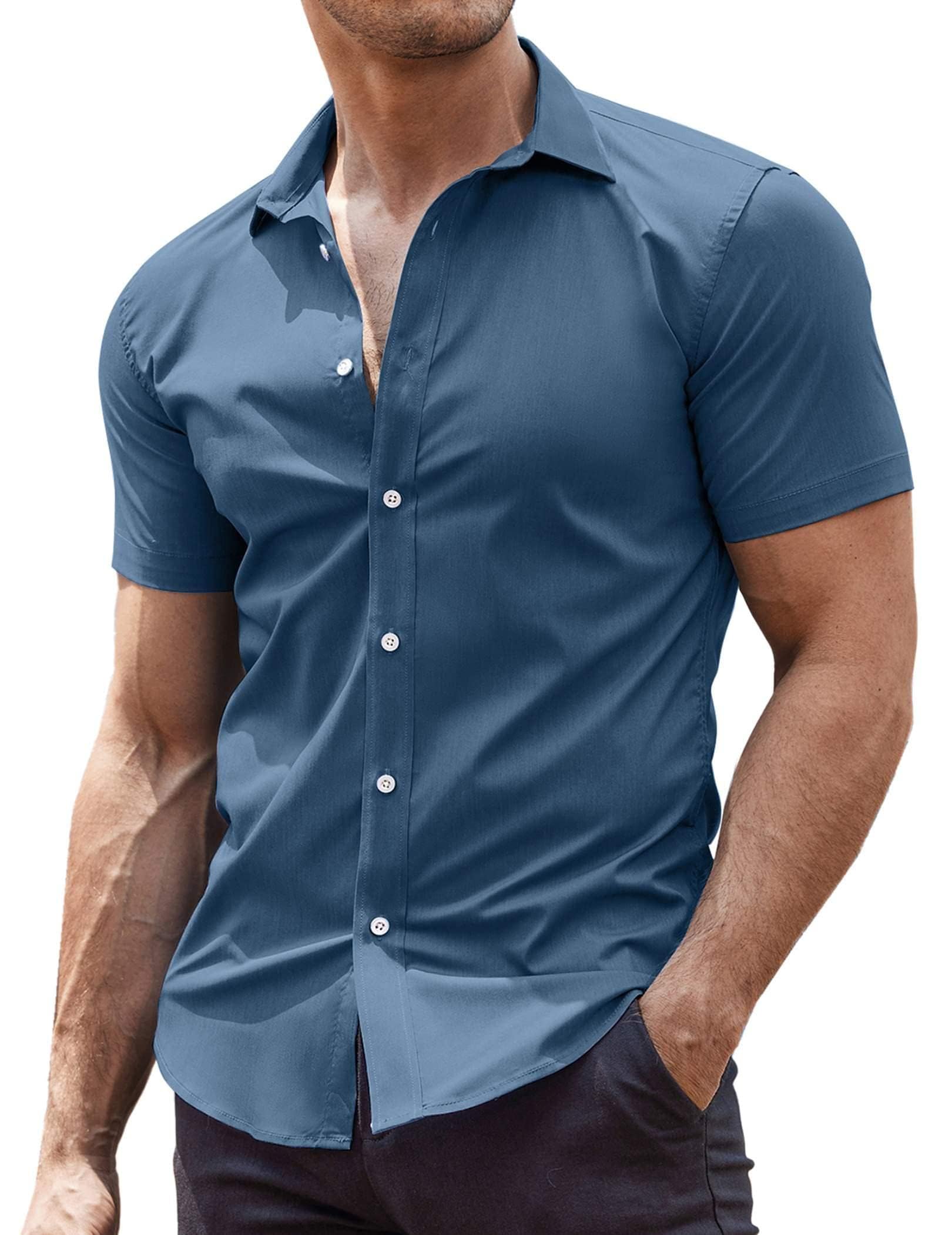 COOFANDY Men's Muscle Fit Dress Shirts Wrinkle-Free Short Sleeve Casual Button Down Shirt Grey Blue