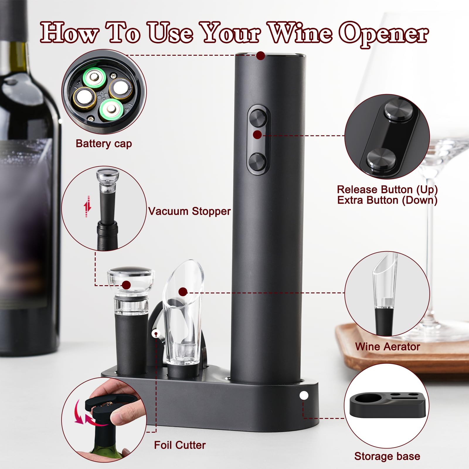 AtomDream Tech Electric Wine Opener Set, Electric Wine Bottle Opener with Storage Base/Wine Aerator Pourer/Foil Cutter/Wine Stopper (Black, Battery Operated, 4 x AA Batteries Not Included)