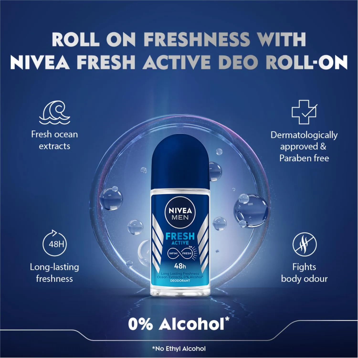 Nivea Men Anti Perspirant Roll On, Fresh Active Longlasting Freshness Ocean Extracts, 48 Hour Protection, 1.7 Ounce (Pack of 3)