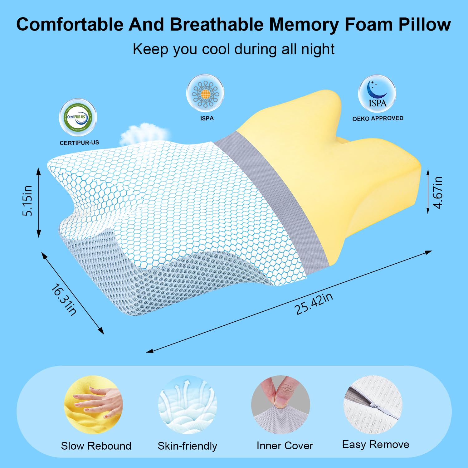 Anvo Cervical Pillow for Neck Pain Relief - Memory Foam Pillows for Neck and Shoulder Pain, Neck Pillows for Pain Relief Sleeping - Ergonomic Pillow for Side Back & Stomach Sleeper - Blue Firm