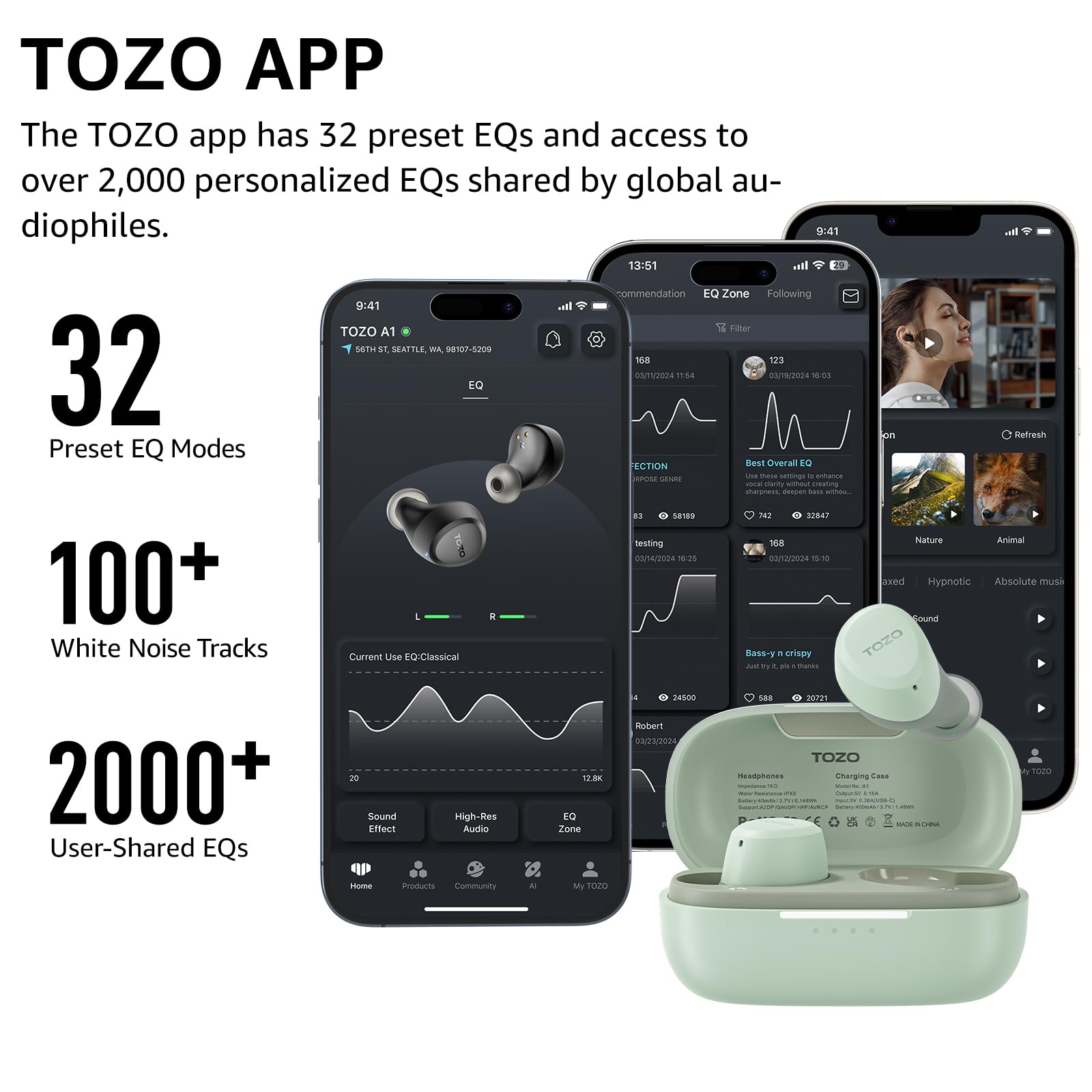 TOZO A1 Wireless Earbuds Bluetooth 5.3 Light-Weight in Ear IPX5 Waterproof Headphones 2 Mic for AI Calls, Immersive Premium Sound Bass Headset with Charging Case, 32 Presets EQ Customization via App