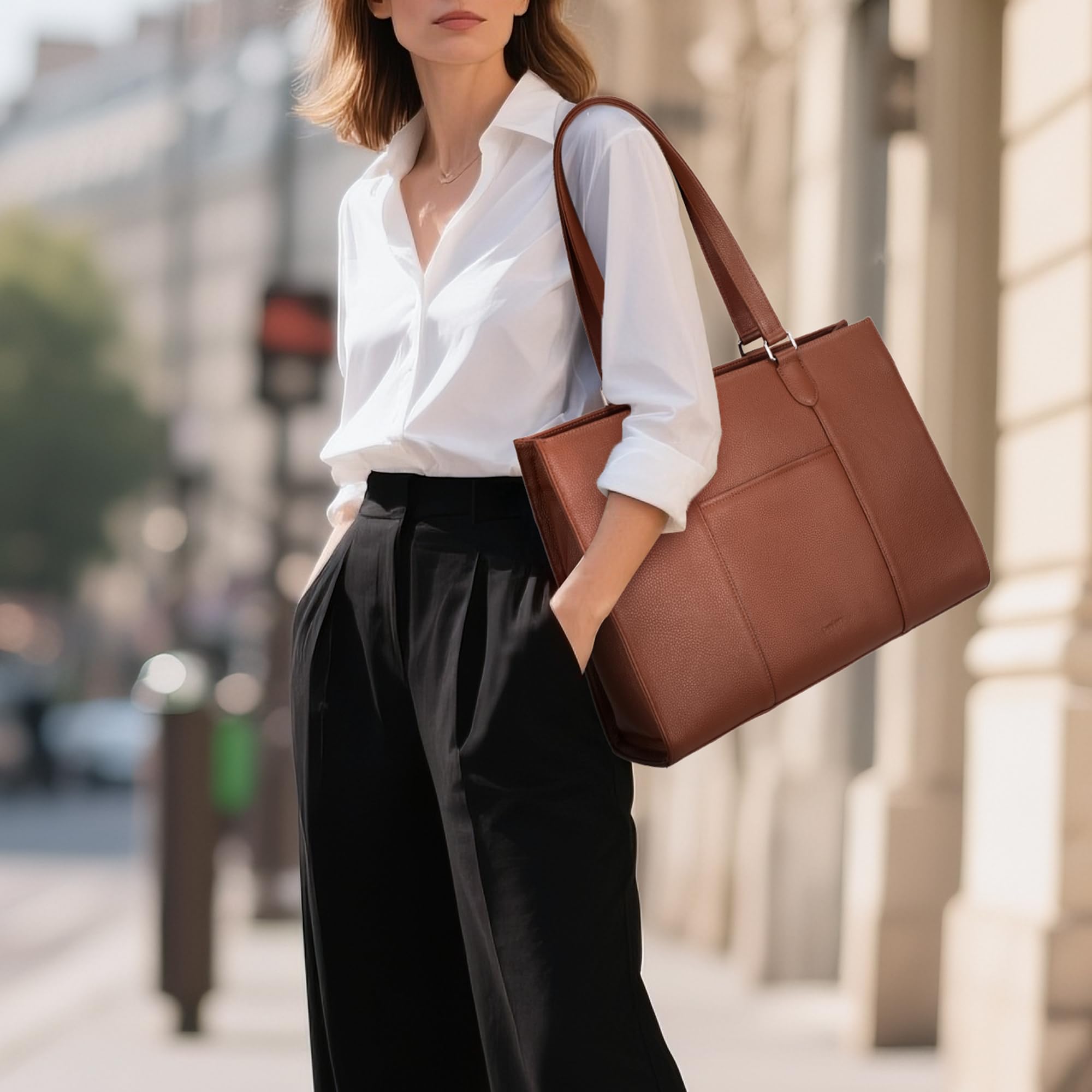 befen Genuine Leather Work Tote Bag for Women, Women's 15.6 Inch Work Bags Totes Purse Shoulder Purses Handbags Cognac Brown