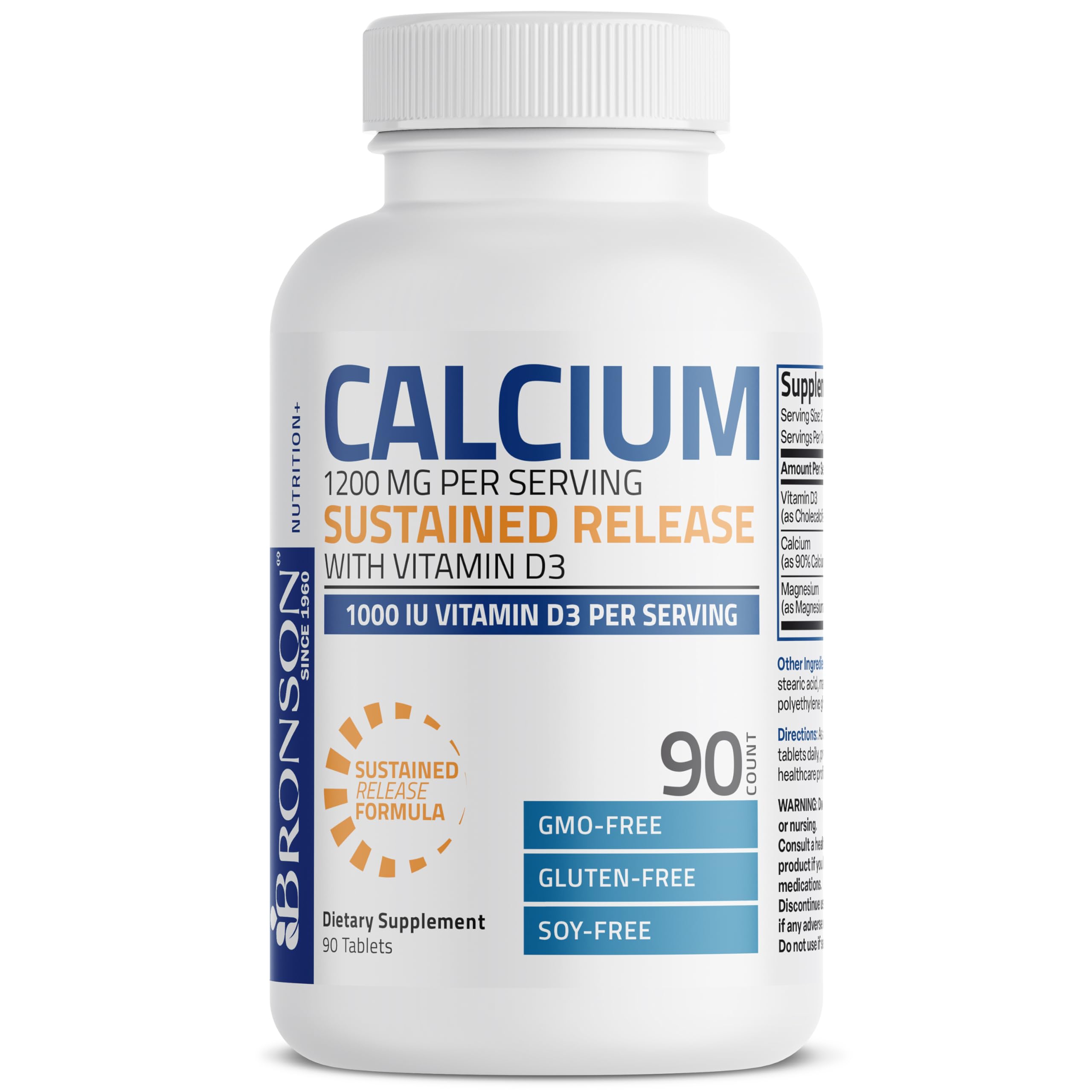 Bronson Calcium 1200 MG Per Serving Sustained Release with Vitamin D3 1000 IU Vitamin D3 Per Serving Non-GMO, 90 Tablets