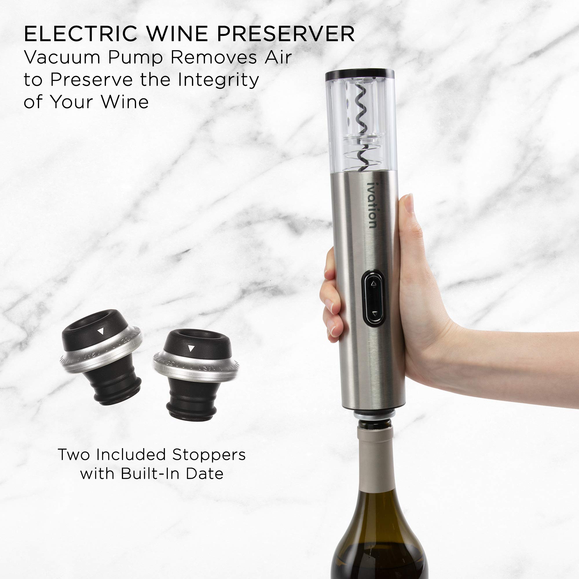 Ivation 6-in-1 Wine Gift Set – Includes Stainless Steel Electric Opener, Vacuum Preserver, 2 Cork Stoppers, Foil Cutter & Charging Base