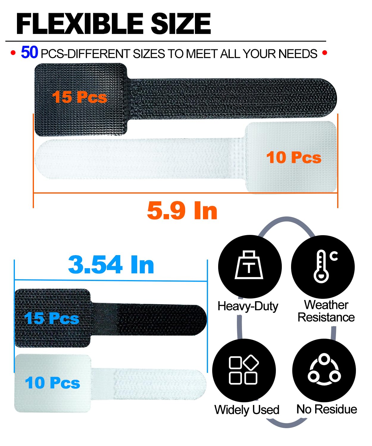 PHIXBEAR 50 Pcs Self Adhesive Cable Tie Reusable Made of 3M, Multi-Purpose Heavy Duty Hook Loop Cable Management Wire Ties for Home,Office,Kitchen,School (5.9" & 3.54", Black & White)