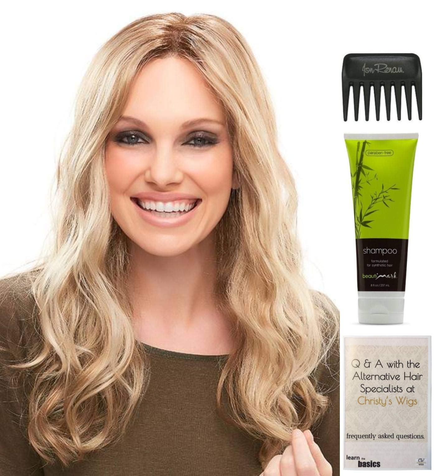 Bundle - 4 items: Sarah Wig by Jon Renau, Christy's Wigs Q & A Booklet, BeautiMark Synthetic Shampoo & Wide Tooth Comb - Color: 8RH14