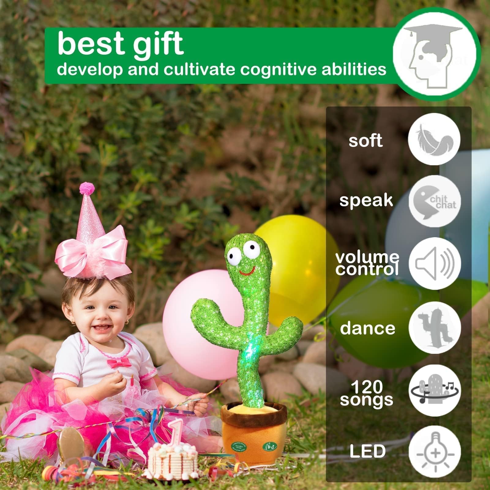 Pbooo Dancing Talking Cactus Mimicking Toy,Talking Repeat Singing Sunny Cactus Toy 120 Pcs Songs for Baby 15S Record Your Sound Sing+Dancing+Recording+LED