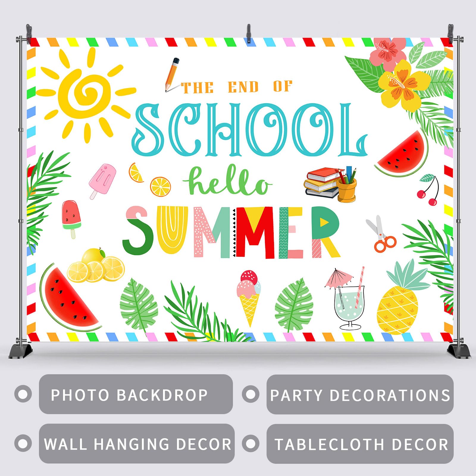 White End of School Backdrop Hello Summer Background School's Out of Summer Banner, Ladvis 82.7"x 59" Kids Boys Girls Holiday Party Decorations Tropical Photoshoot Supplies Photography Photo Props