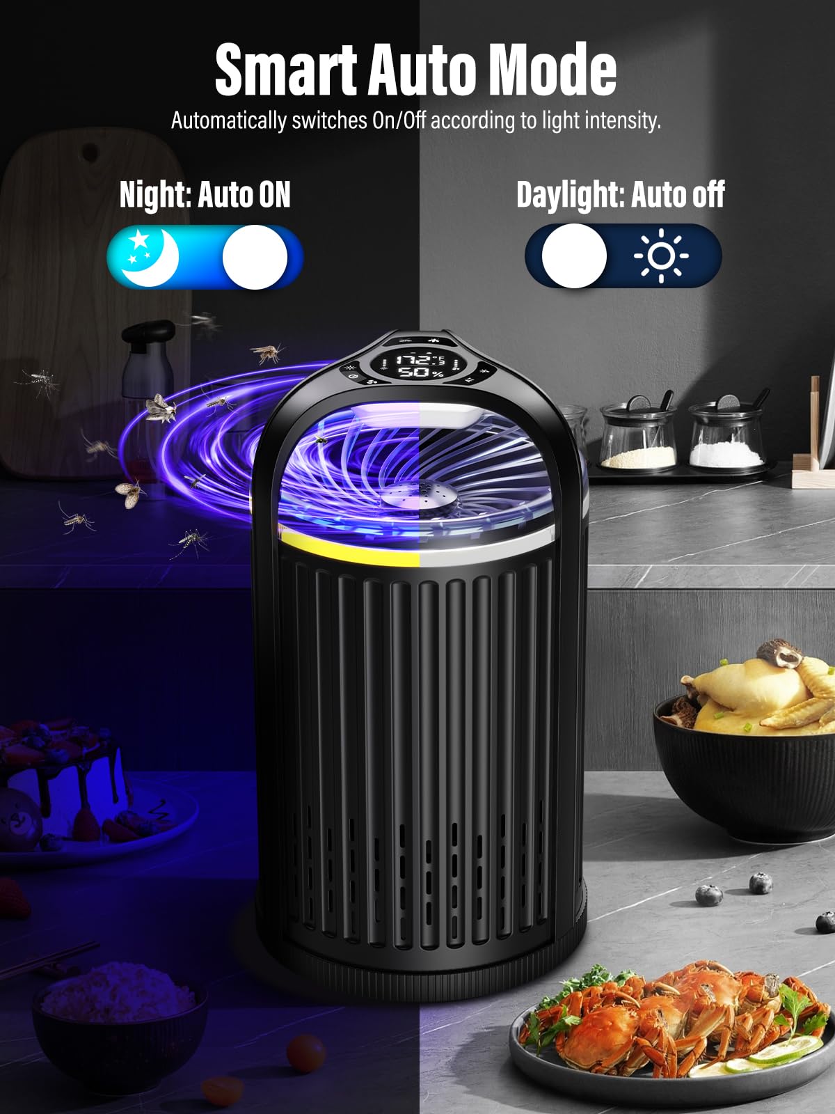 Fly Trap Indoor, 3-in-1 Fruit Fly Trap, Gnat Killer Indoor, Moth Traps - Bug Zapper Indoor with Temperature & Humidity Sensor, Catch Insects Indoors with Suction, Bug Light &10pcs Sticky Glue (Black)