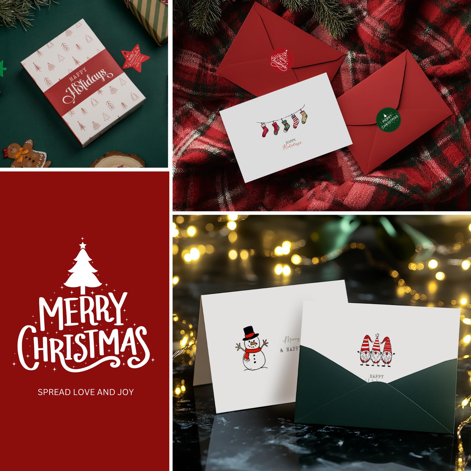 Paper Play Merry Christmas Cards with Envelopes, Set of 20 Adorable Christmas Cards Bulk Pack - 4x6 Inches Bulk Christmas Cards with Envelopes & Matching Stickers, Smudge-resistant Heavy Duty Cardstock