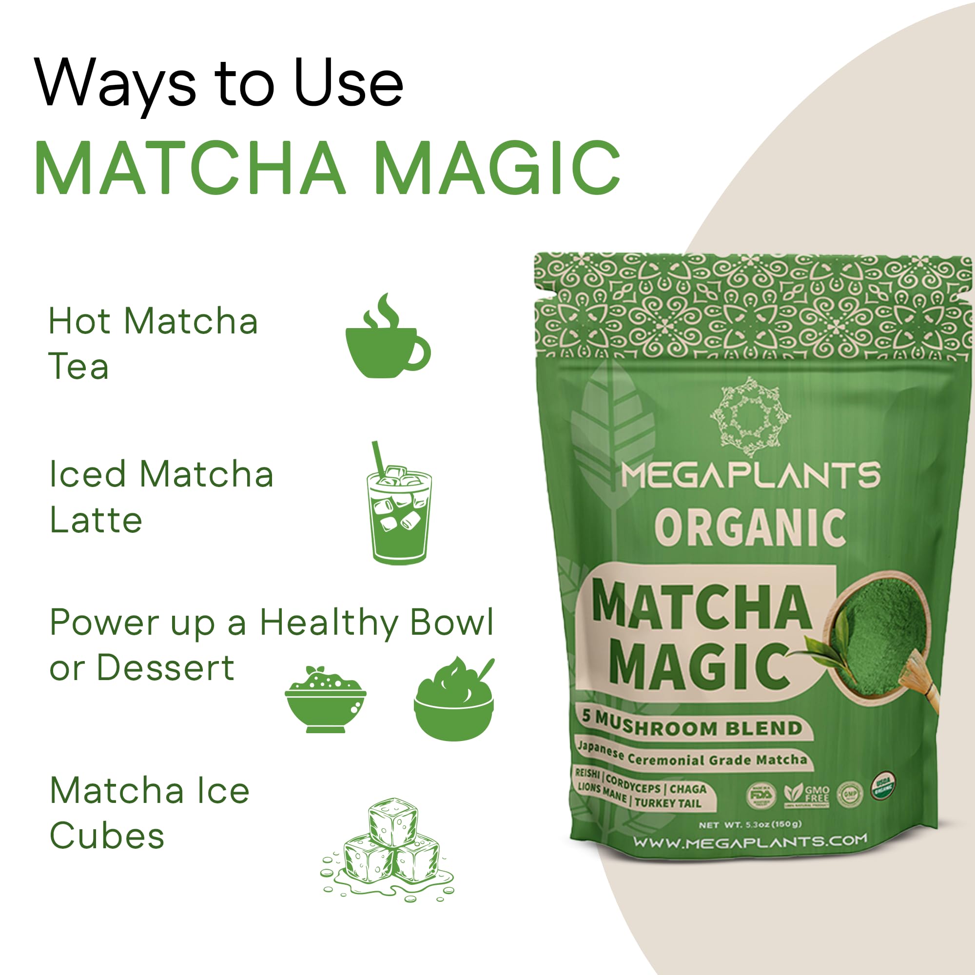 MEGAPLANTS Mushroom Matcha Magic - USDA Organic Ceremonial Grade Japanese Matcha (50 Serving)- with Reishi, Lion’s Mane, Chaga, Cordyceps & Turkey Tail – Superfood for Focus & Energy.