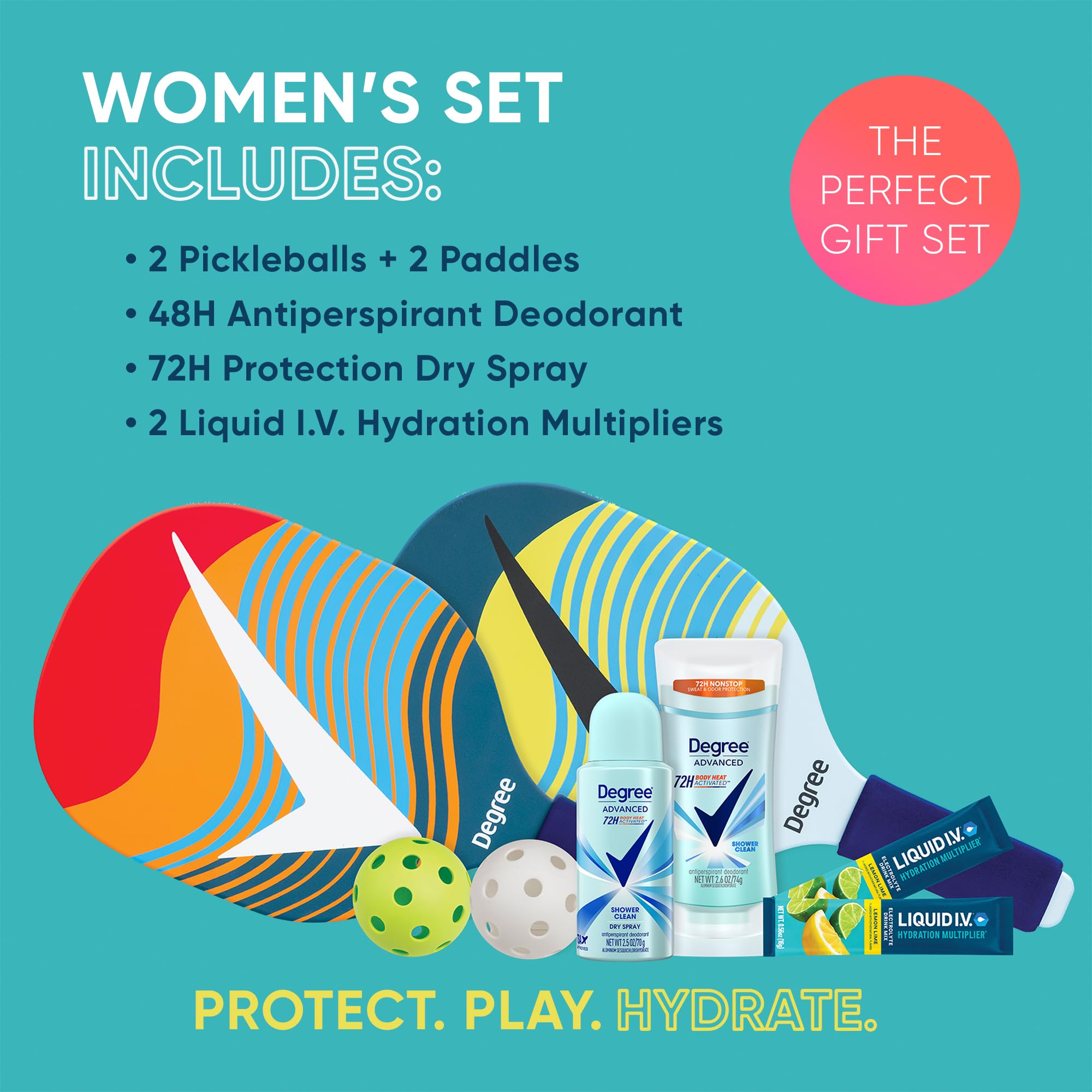 Degree Pickleball Set, Gifts for Women – Women’s Shower Clean Antiperspirant Deodorant & Dry Spray, Liquid IV Hydration 2-Pack + Pickleball Paddles and Balls (6 Piece Set)