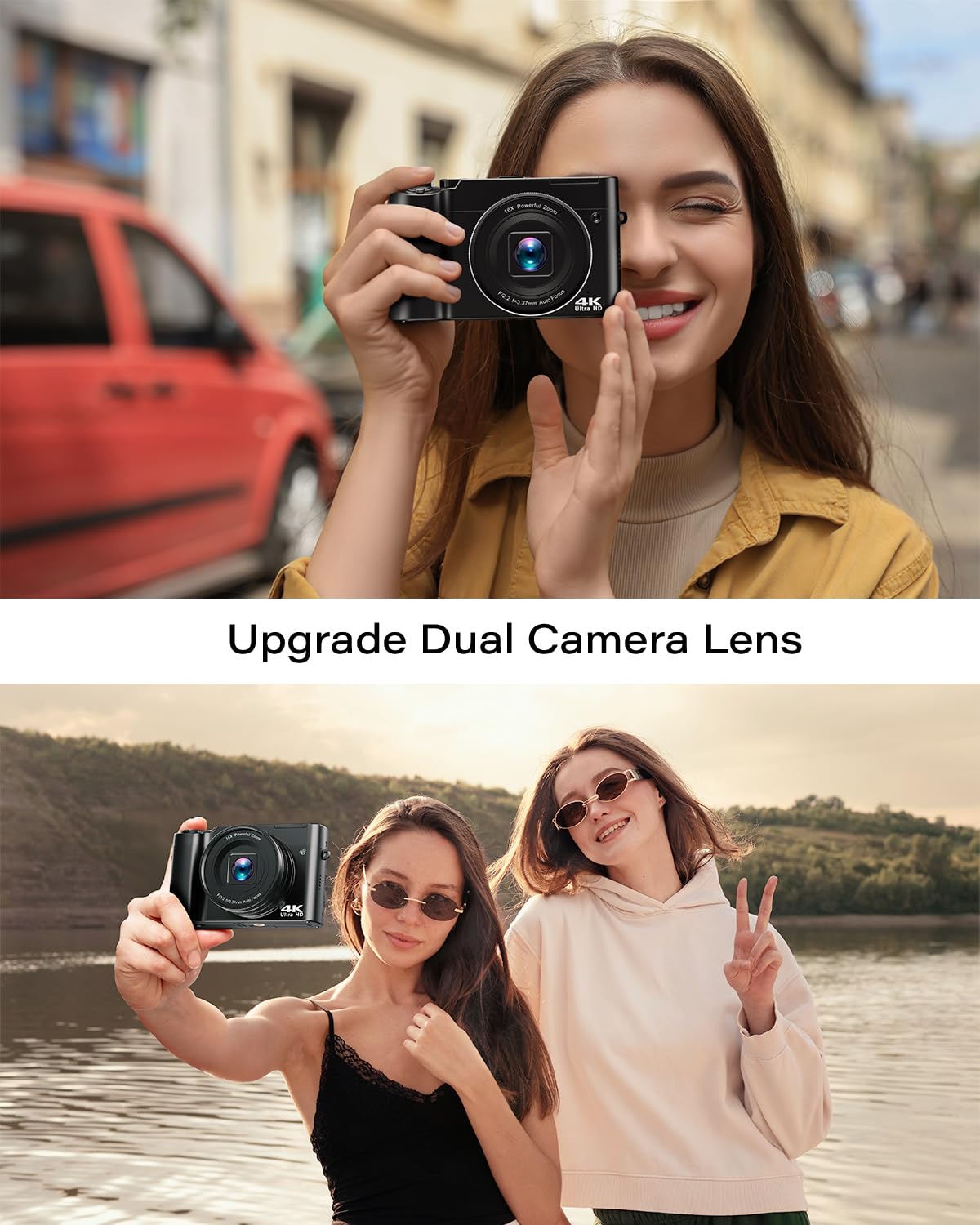 4K Digital Camera for Photography, Dual 64MP Autofocus Vlogging Camera for YouTube, 2.8" Screen Compact Travel Camera with 32GB SD Card, Anti-Shake, Flash, 16X Digital Zoom, 2 Batteries & Charger