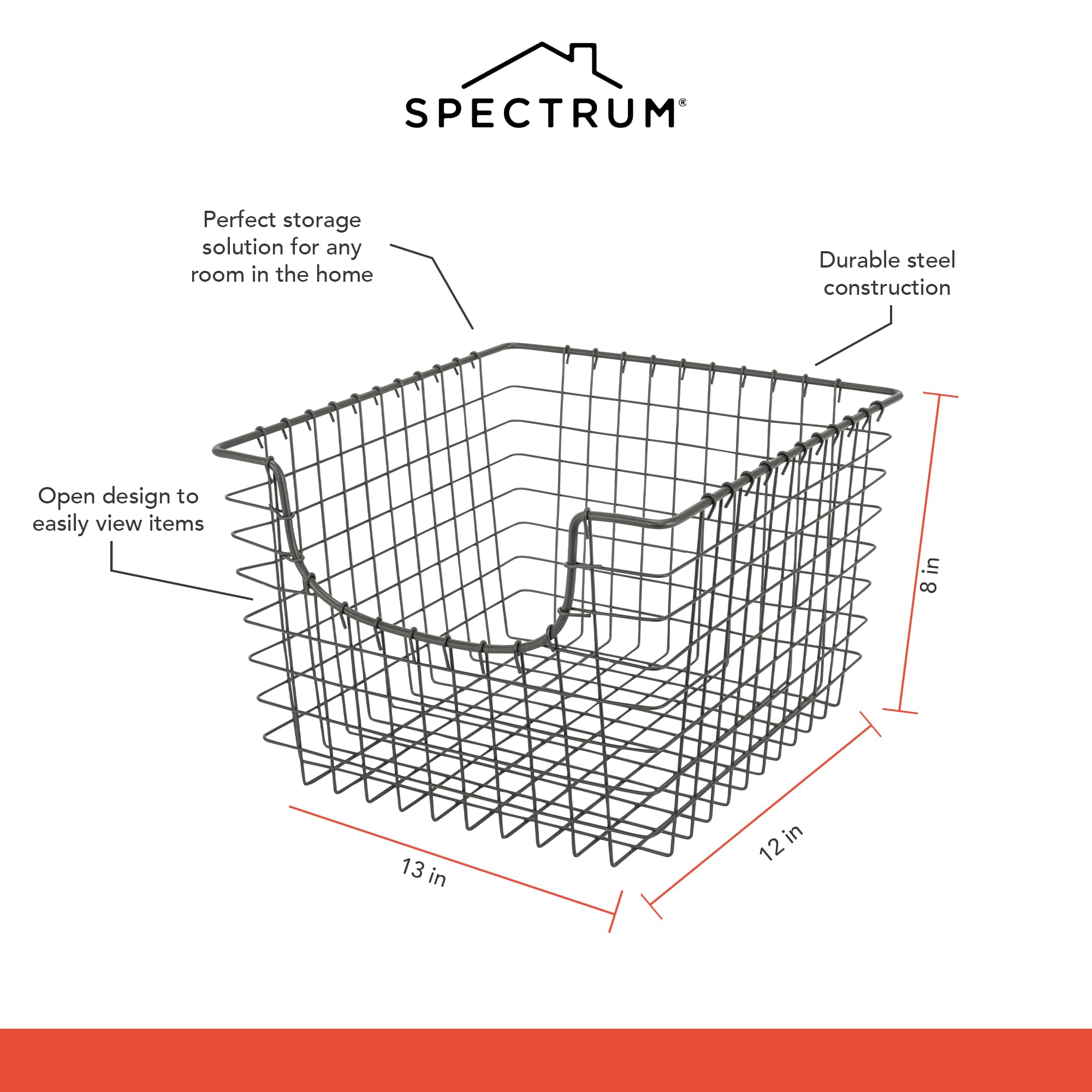 Spectrum Wire Basket for Organizing (Medium, Industrial Gray) - Sturdy Scoop Pantry Basket Storage - Wire Storage Basket Organizer for Kitchen, Shelf, Closet, Bathroom, Garage & More