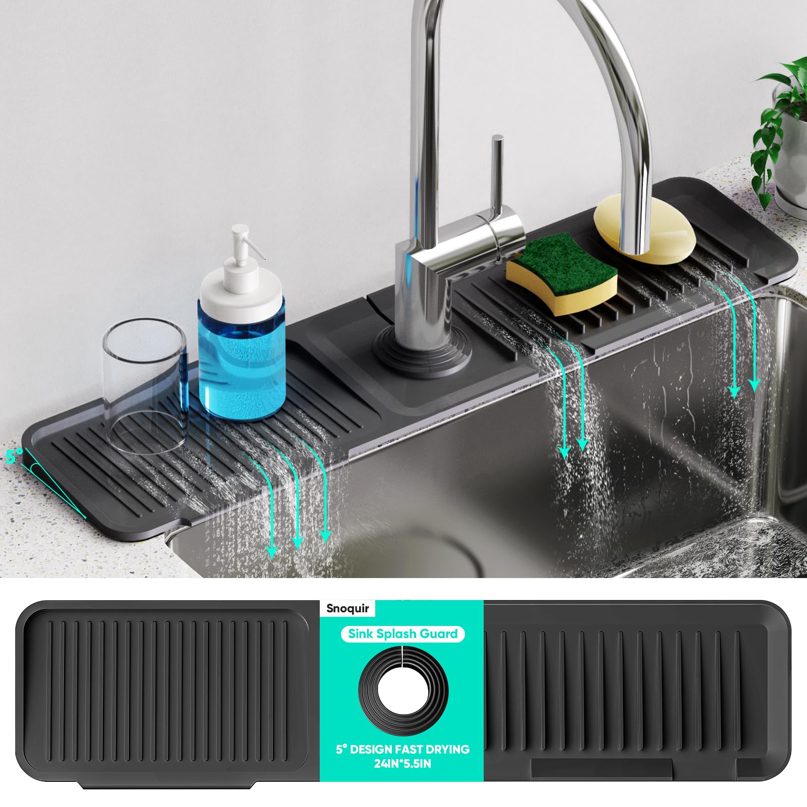 24 Inch Longer Faucet Mat for Kitchen Sink, 5° Slope Fast Self-draining, Kitchen Sink Splash Guard Silicone Sink Faucet Mat Splash Guard Kitchen Sink Area Tidy Splash Faucet Guard Draining Mat