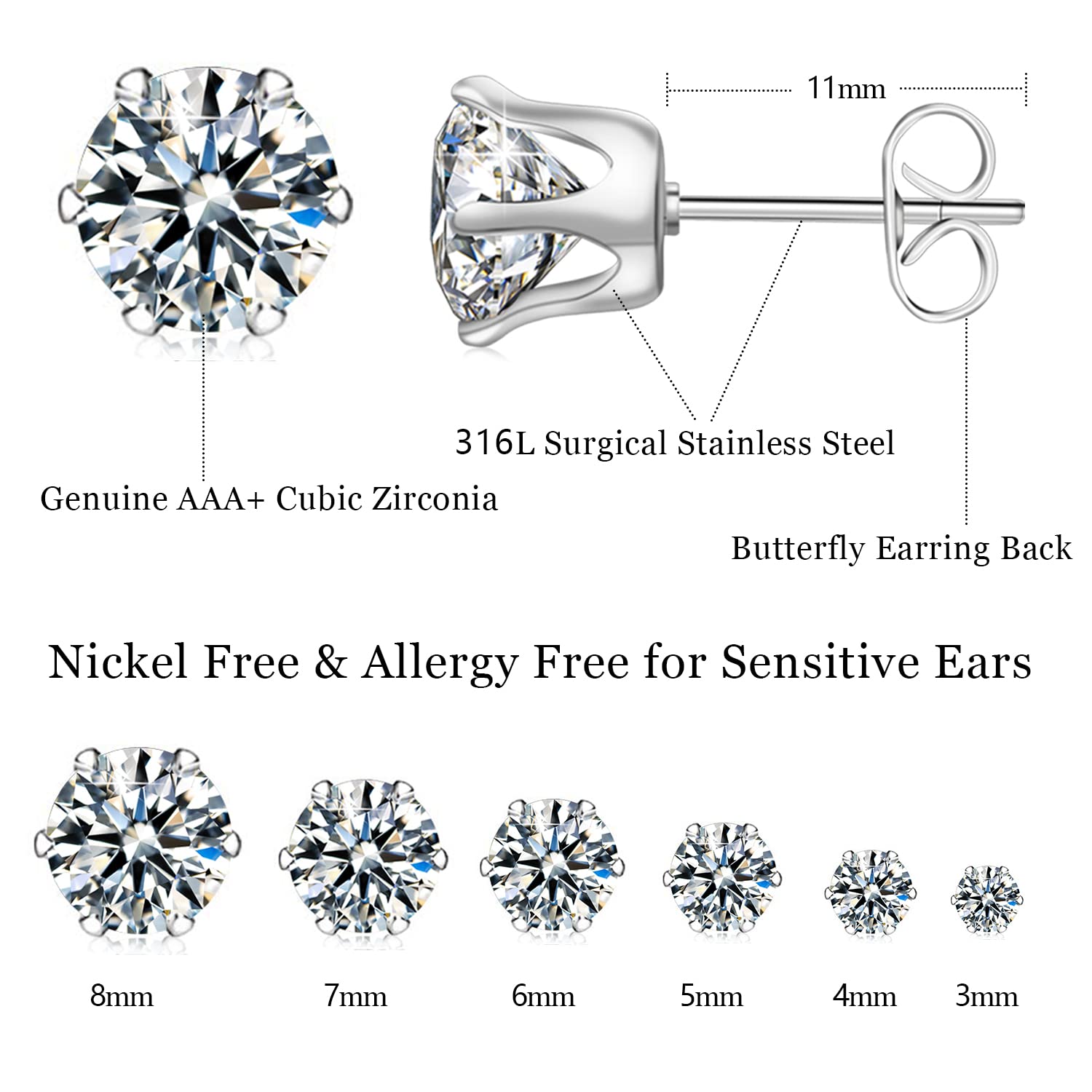 UHIBROS 6 Pairs Stainless Steel Stud Earrings Set Hypoallergenic Cubic Zirconia 14K White Gold 316L CZ Earrings