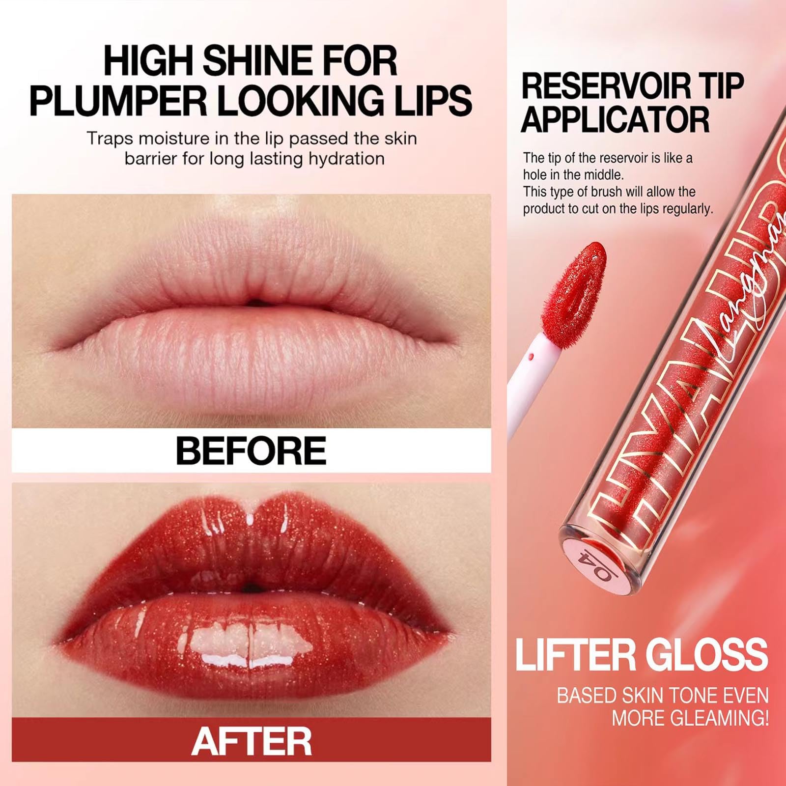 Pink Lip Gloss Makeup Plumping Glitter Lip Gloss for Girls Women Lip Plumping Tinted Lipgloss High Pigment Plumper Long Lasting Moisturizing Lip Gloss Oil Shimmer Sparkly Natural Lipstick(03#)