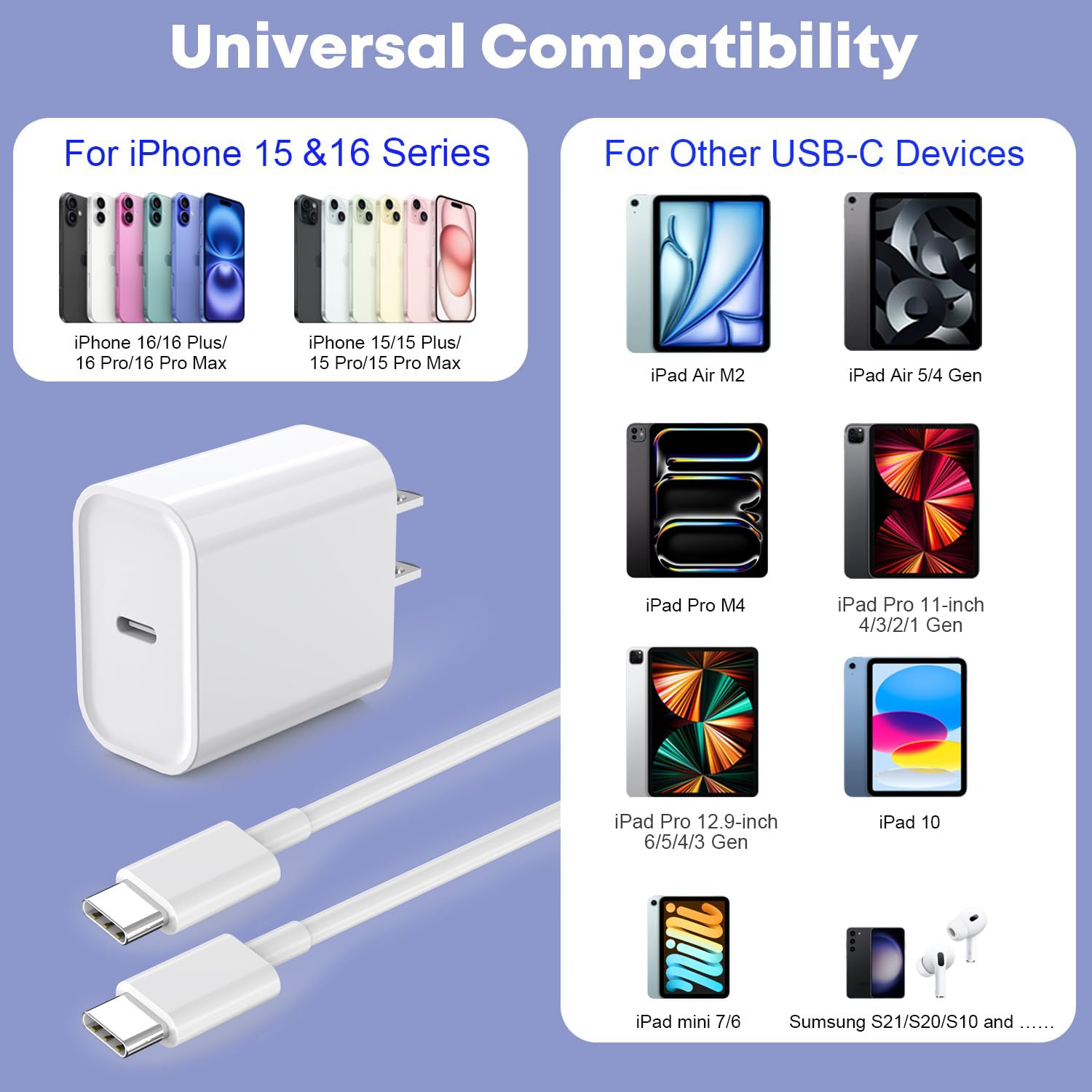 Fast Charger for iPhone 16/15 Charger,10FT Extra Long Fast Charging 3Pack USB-C Wall Charger Block USB C To USB C Fast Charging Cable Cord for iPhone 16 Pro Max/iPhone 15 Pro/15 Plus,iPad Pro/Air/Mini