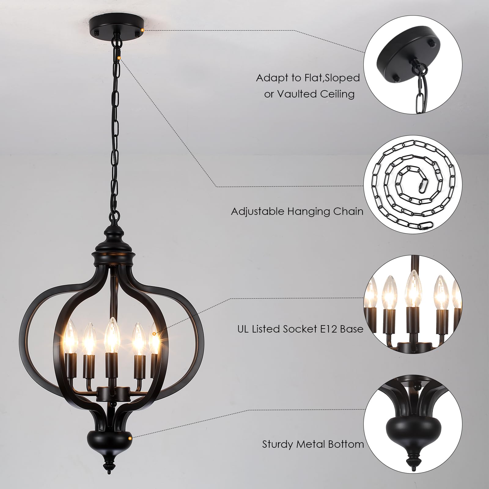 PUMING Black Farmhouse Chandelier 5 Light Orb Farmhouse Chandelier Industrial Dining Room Light Fixture Adjustable Height for Kitchen Living Room Bedroom Foye