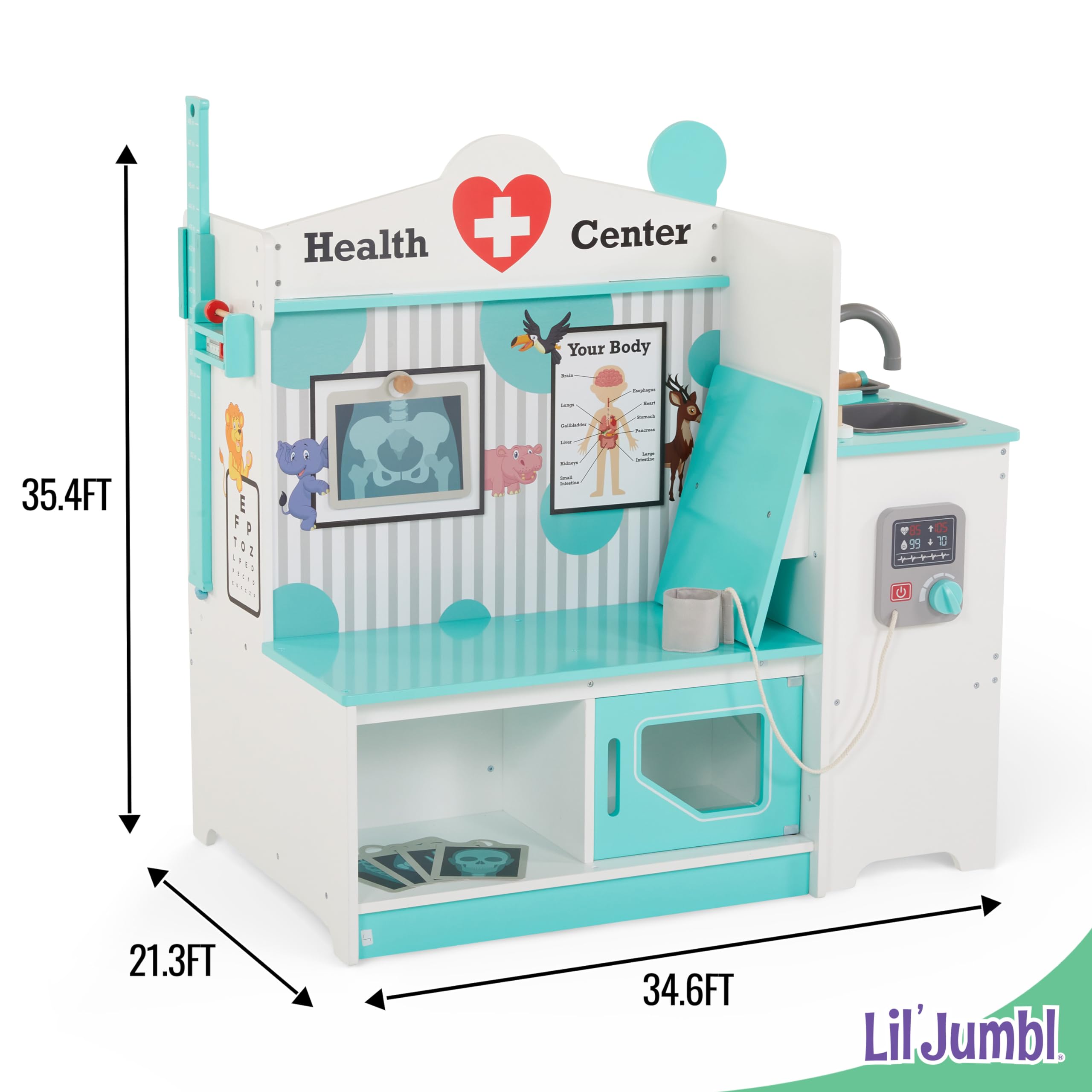 Lil’ Jumbl Wooden Doctor Playset, Multi-Sided Medical Office Activity Center with Exam Room, Check-in & Waiting Areas, Toddler Playset, Doctors Office Pretend Play