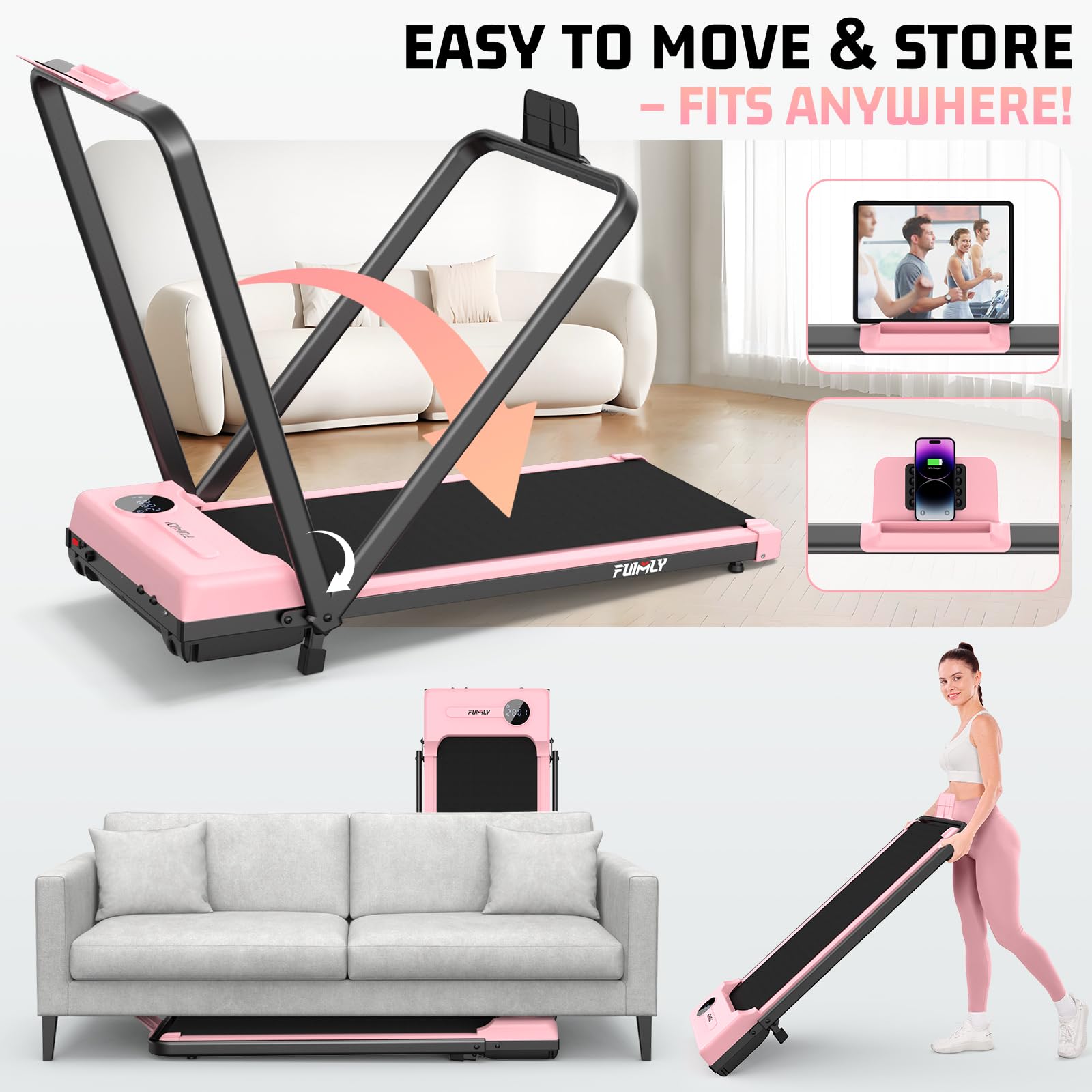 FUNMILY Foldable Walking Pad with Handle Bar, 4 in 1 Under Desk Treadmill with Incline, 2025 Upgraded Smart Folding Treadmill for Home/Office, Ultra-Quiet