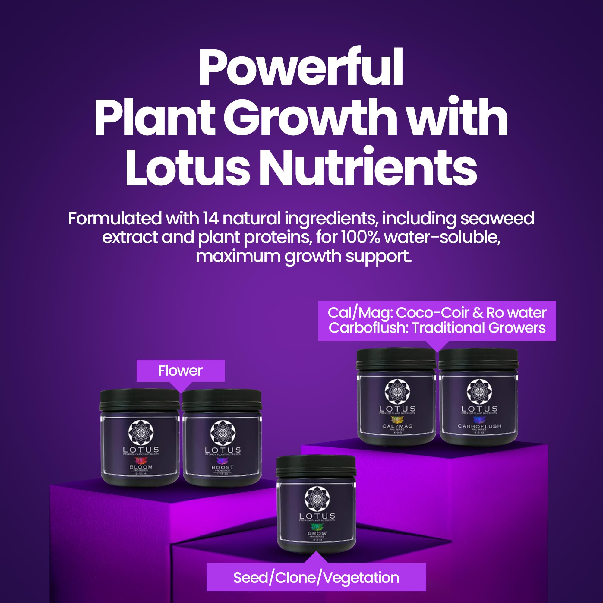 Lotus Nutrients - Pro Series - Powdered Plant Nutrients Intro Pack, Grow, Bloom, Boost, and Cal/Mag with Nitrogen Calcium and Magnesium for Hydroponics Coco Coir and Soil, Indoor and Outdoor Plants