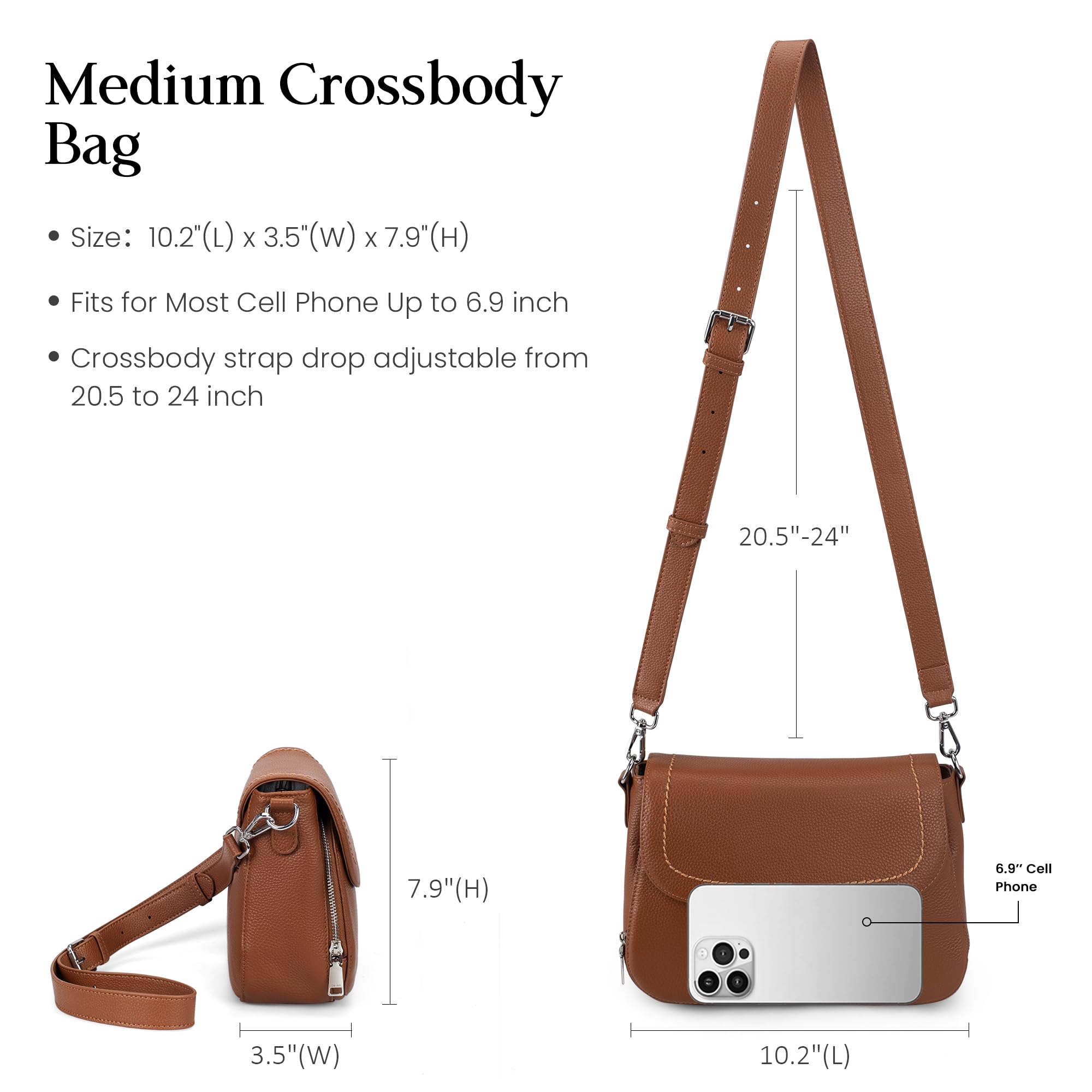 befen Genuine Leather Crossbody Purses for Women Anti Theft Medium Women's Saddle Bags Cross Body Purse with RFID Wallet for Travel Cognac Brown