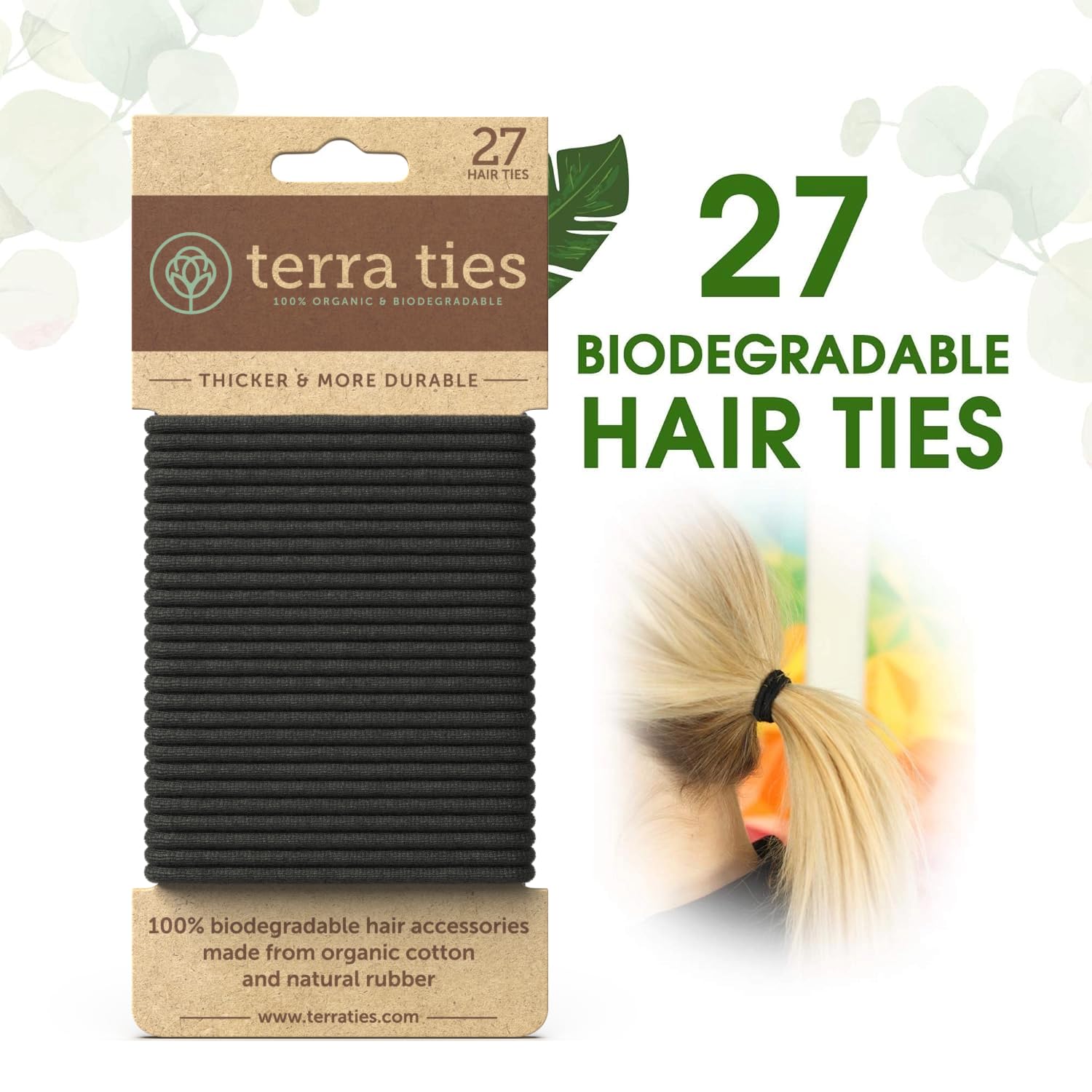 BIODEGRADABLE Elastic Hair Ties for Women & Men - Organic No Crease Black Hair Tie Ponytail Holders and Hairties for Buns - Plastic Free Hairbands for Women and Mens Hair - 5mm (27 count)