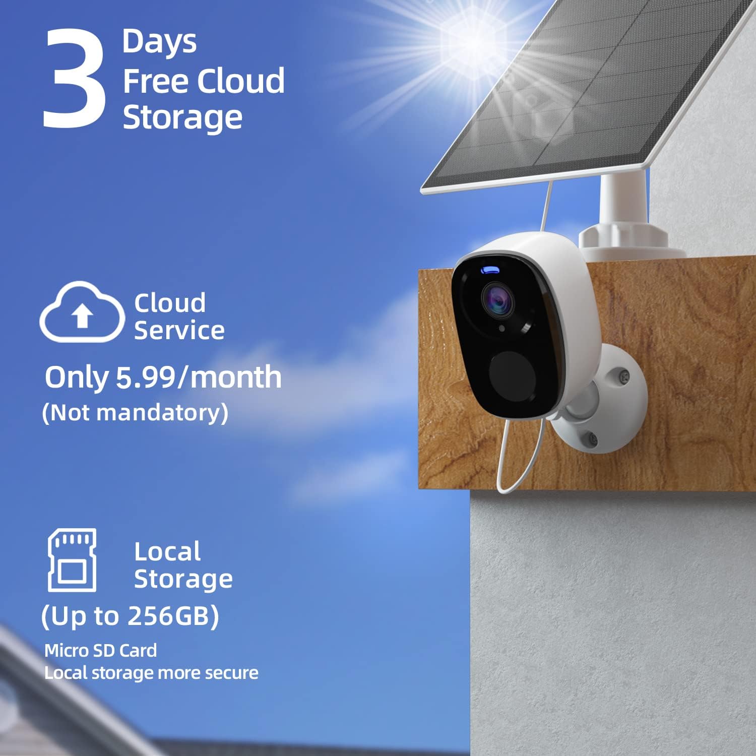 EVERSECU 2K 3MP Solar-Powered Wireless Security Camera Support Pairing Via Bluetooth, Outdoor WiFi Home CCTV Bullet Camera, Spotlight, PIR Motion Detection, 2-Way Audio, Night Vision, Work with Alexa