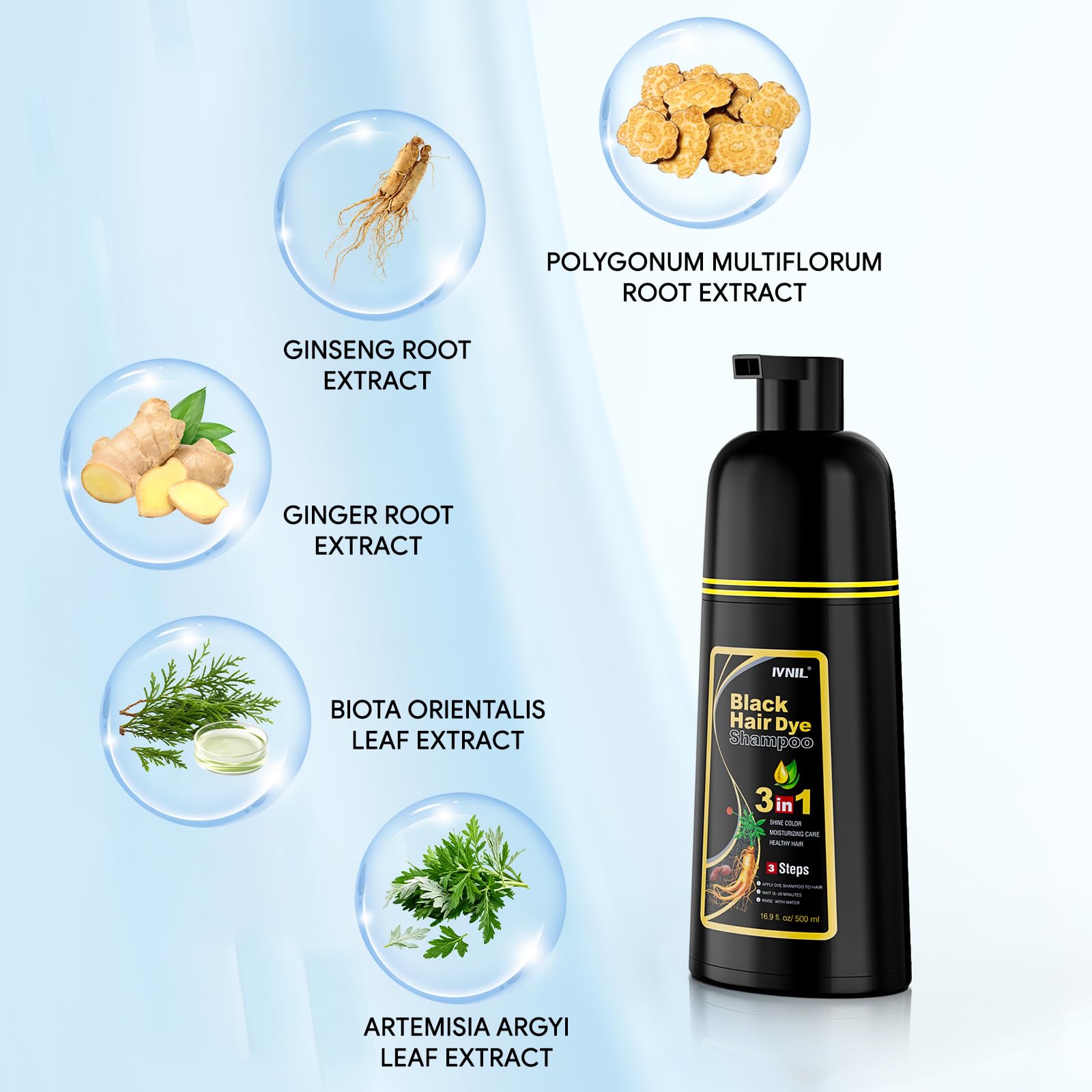 Ivnil Black Hair Dye Shampoo 3 in 1 Semi Permanent Hair Color Shampoo for Women & Men for Gray Hair Coverage, shampoo para pintar el cabello