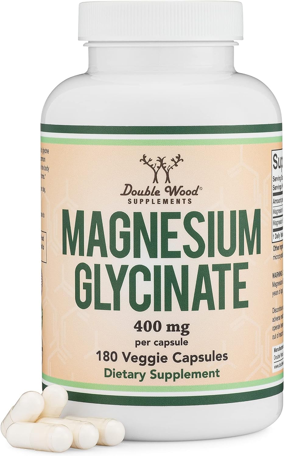 Magnesium Glycinate 400mg, 180 Capsules (Vegan Safe, Third Party Tested, Gluten Free, Non-GMO) High Absorption Magnesium by Double Wood Supplements