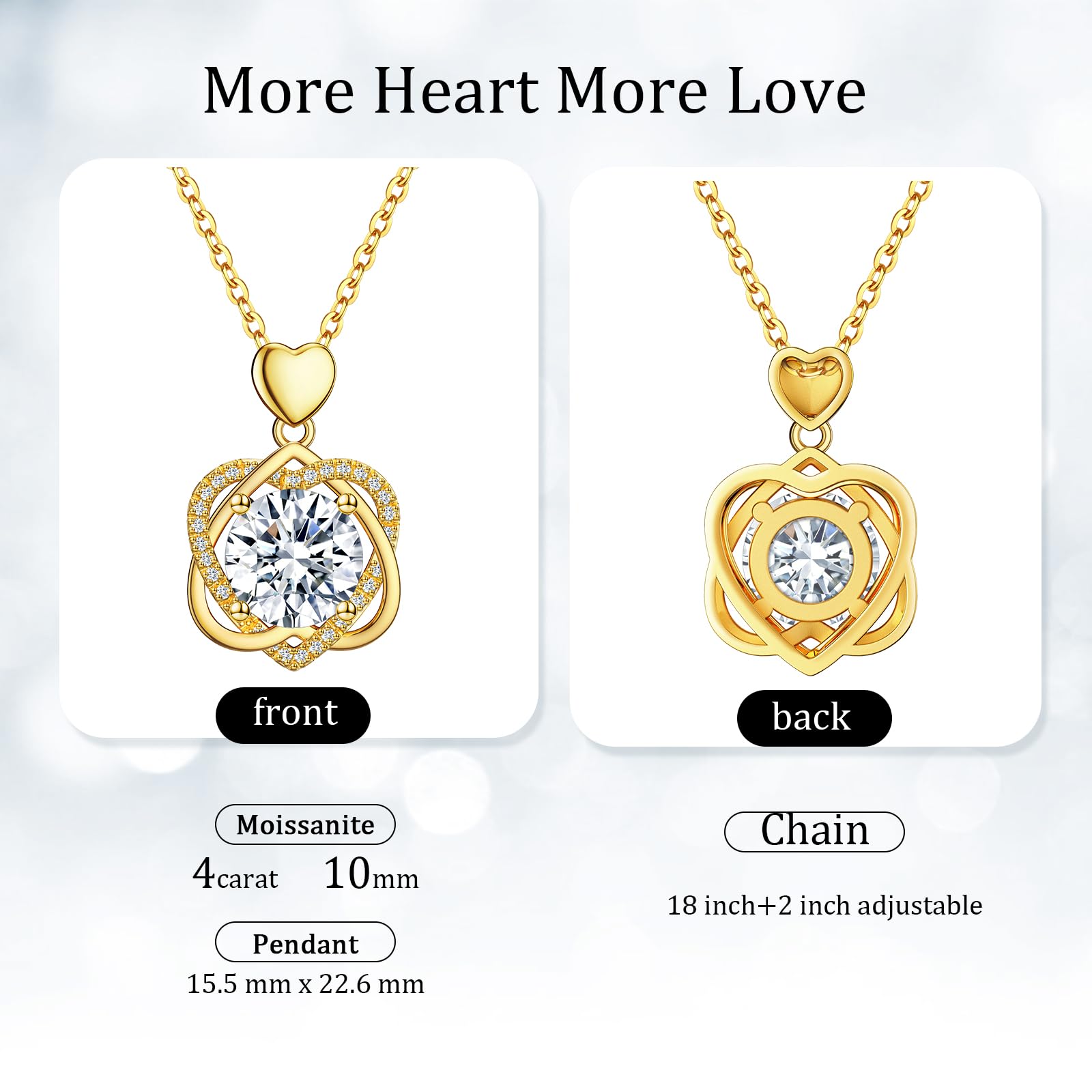 InfinityLove Heart Gold Necklaces for Women, 4 Carats Moissanite, Gold-plated Silver Pendant Jewelry, Anniversary Birthday Gifts for Wife, Girlfriend, Daughter, Mom