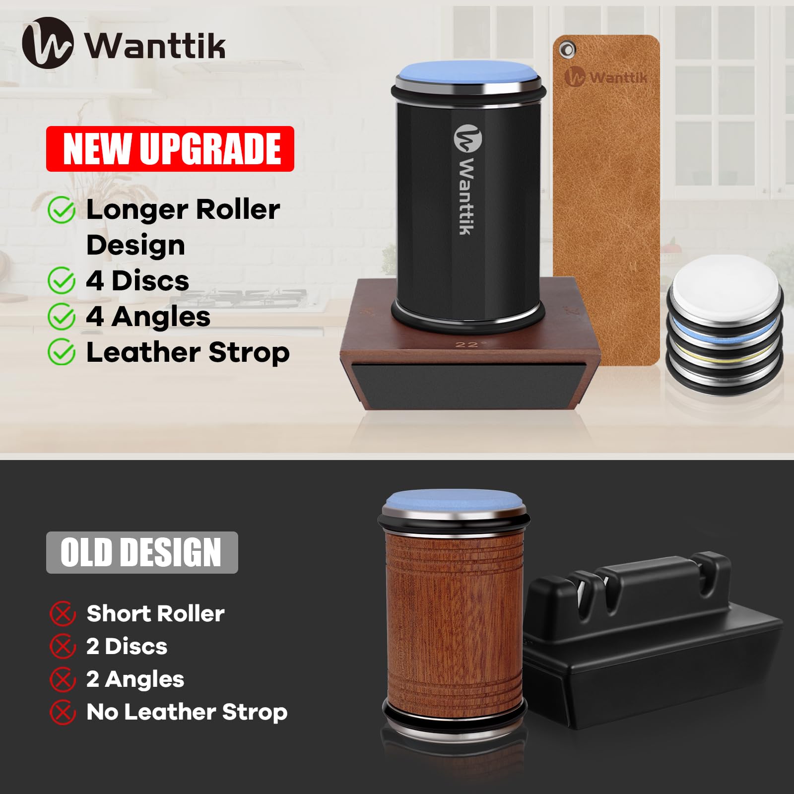 WANTTIK Rolling Knife Sharpener Kit, Upgraded Roller Knife Sharpener with Leather Strop for Kitchen Knives, 4-Disc Rolling Stone Sharpener with 15&18&20&22 Degree Sharpening, Black