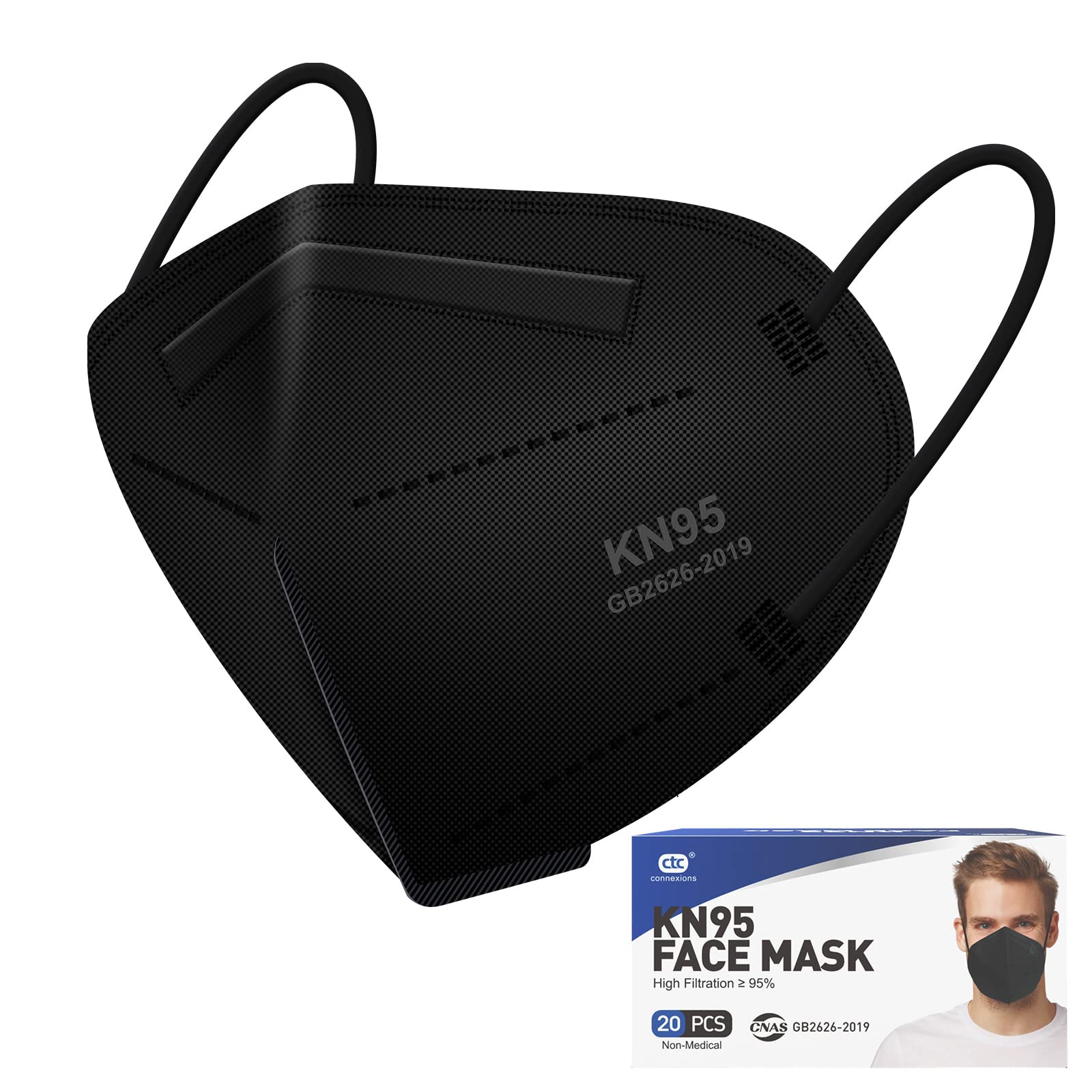 ctc connexions KN95 Black Face Masks 20pcs 5-Layer Cup Dust Masks Filtration Efficiency ≥95% Individually Packaged Breathable Face Mask