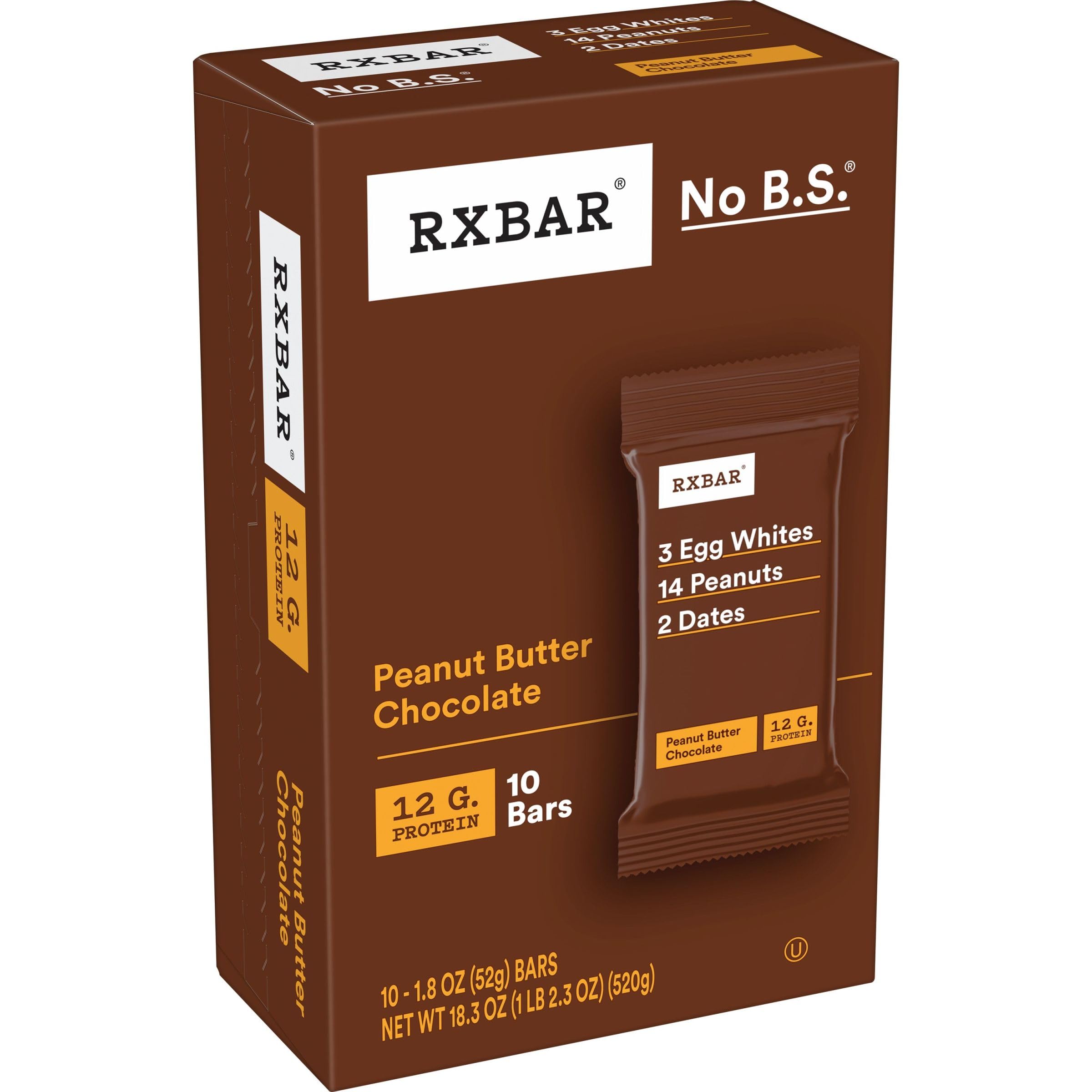 RXBAR Protein Bars, Protein Snack, Snack Bars, Peanut Butter Chocolate, 18.3oz Box (10 Bars)