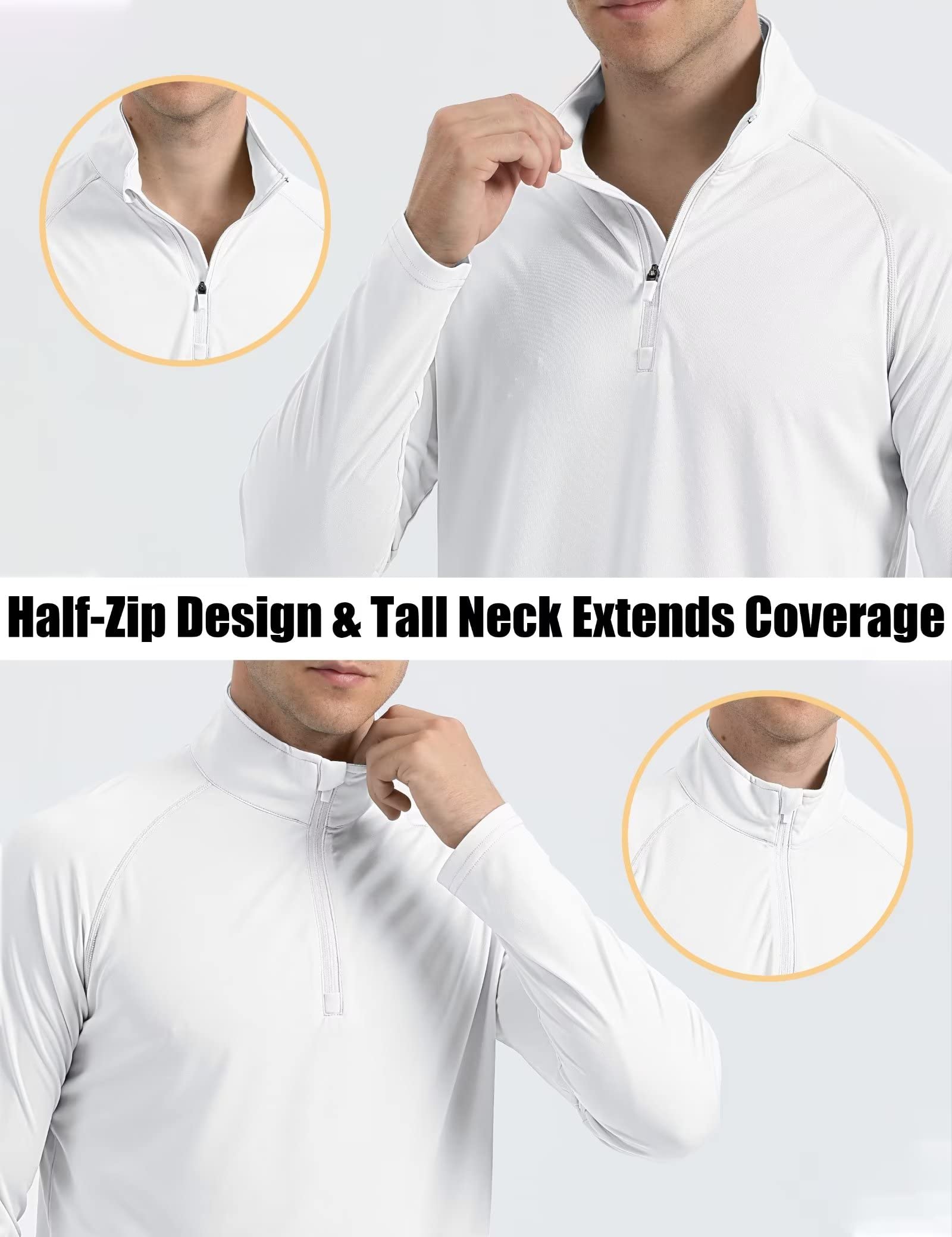 Shirts for Men Fashion 1/4 Zip Up Sun Protective Quarter Zip Shirt for Men Mens Rash Guard Shirt Long Sleeve SPF Loose Fit Athletic Shirt White