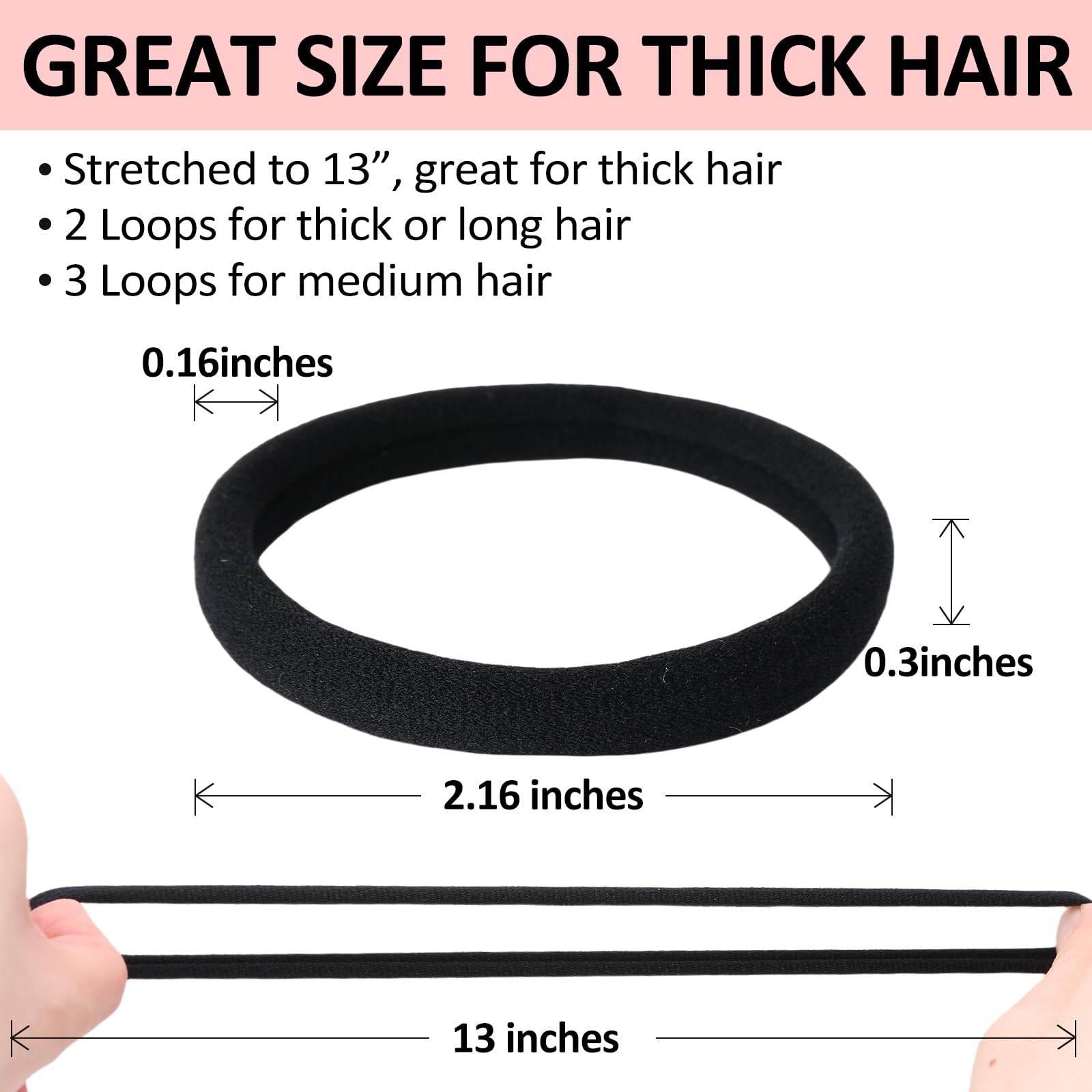 SUTHIA Large Black Hair Ties for Thick Curly Hair Elastic Band Ponytail Holder - 120 Bulk for Women, Girls, Kids, Men - 8MM Thick, No Damage, Soft, Nylon, Stretchy, Cloth, Seamless, Fabric, No Crease